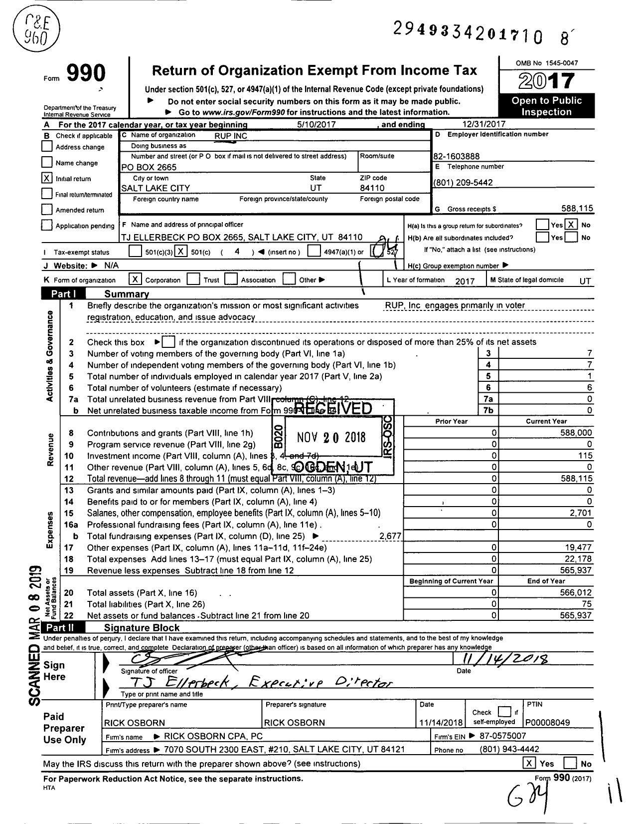 Image of first page of 2017 Form 990O for Rup