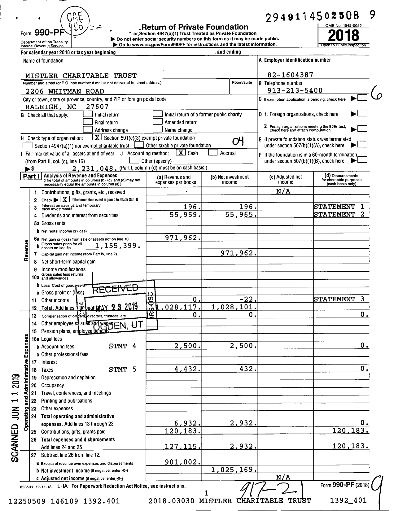 Image of first page of 2018 Form 990PF for Mistler Charitable Trust