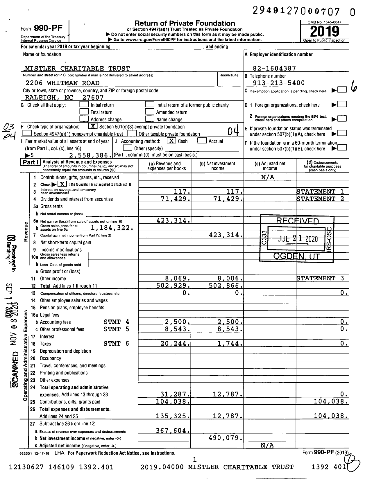 Image of first page of 2019 Form 990PF for Mistler Charitable Trust