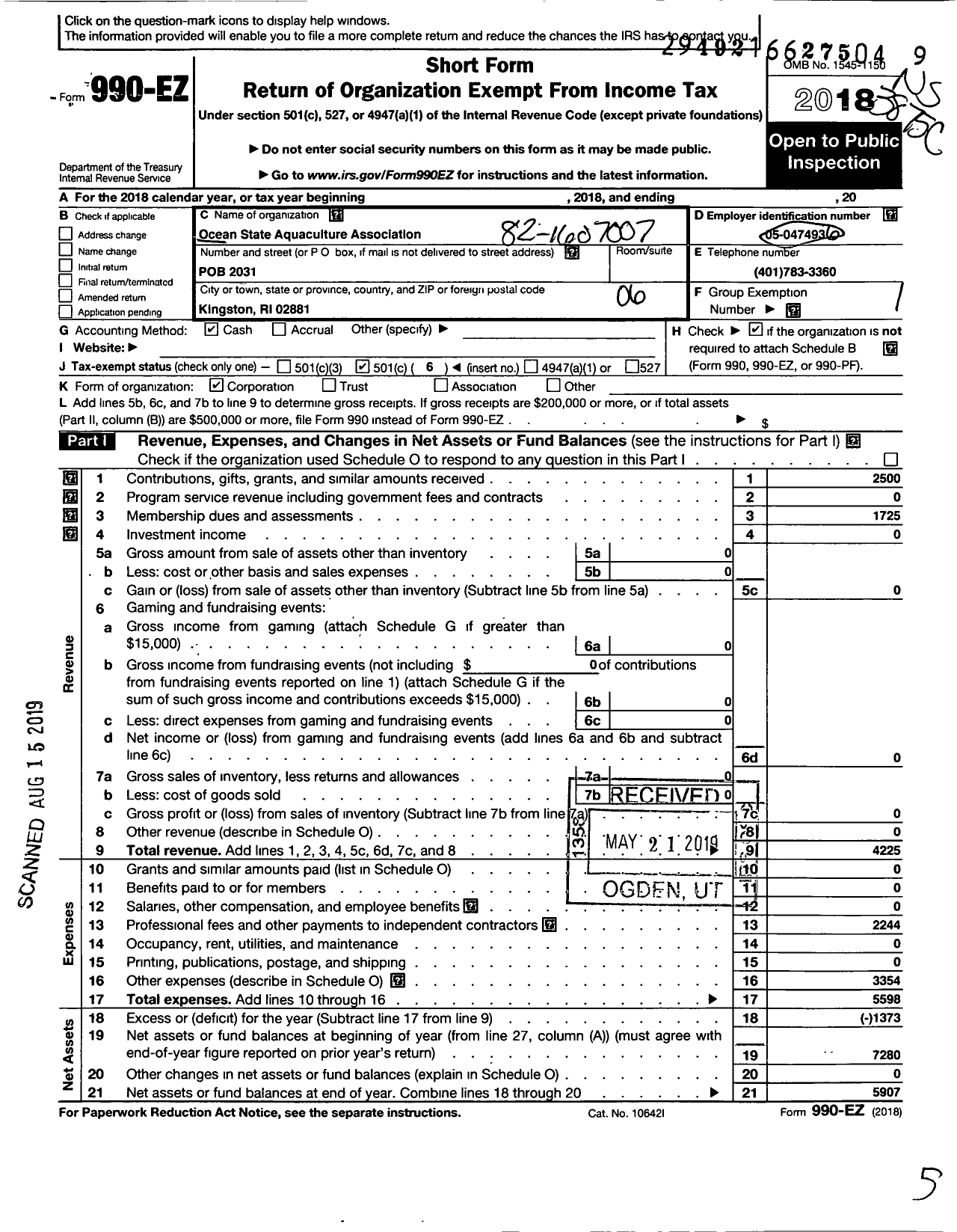 Image of first page of 2018 Form 990EO for Ocean State Aquaclture Association