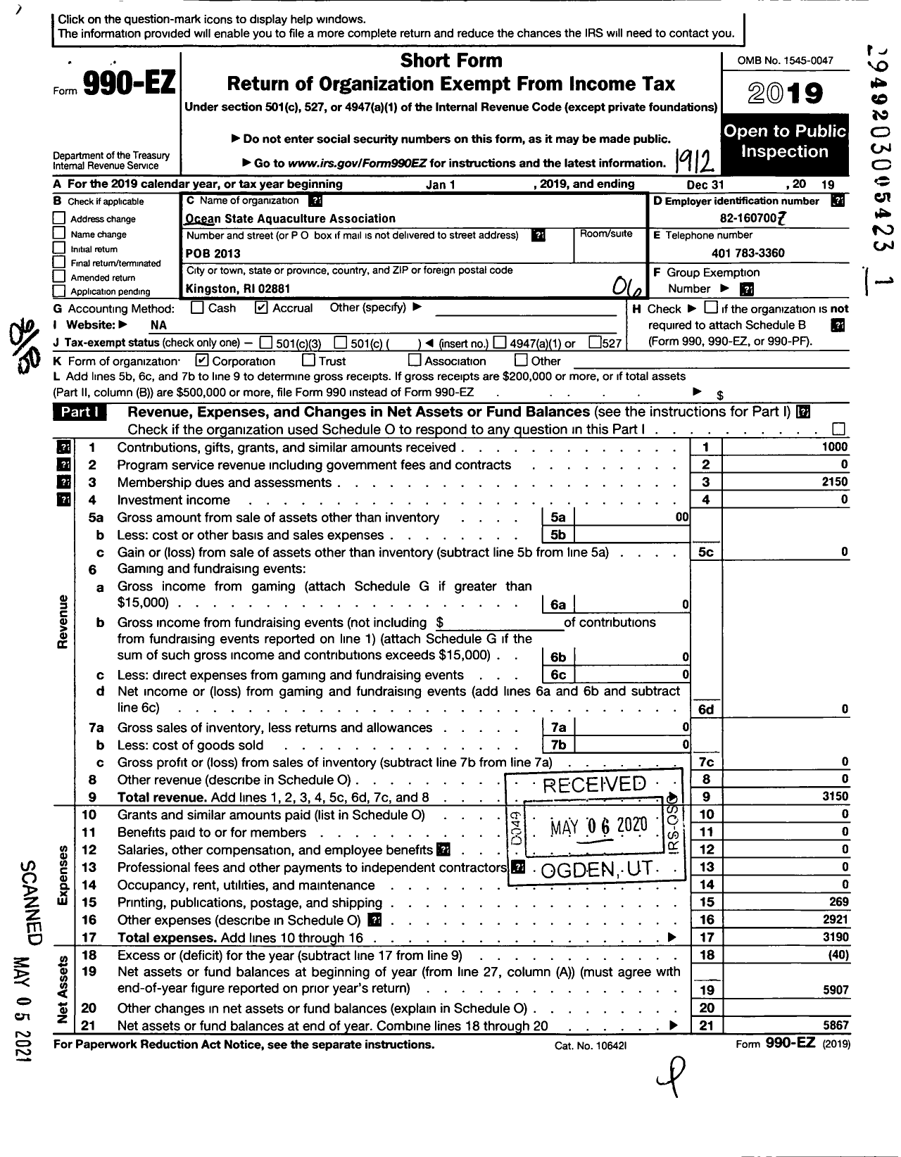 Image of first page of 2019 Form 990EO for Ocean State Aquaclture Association