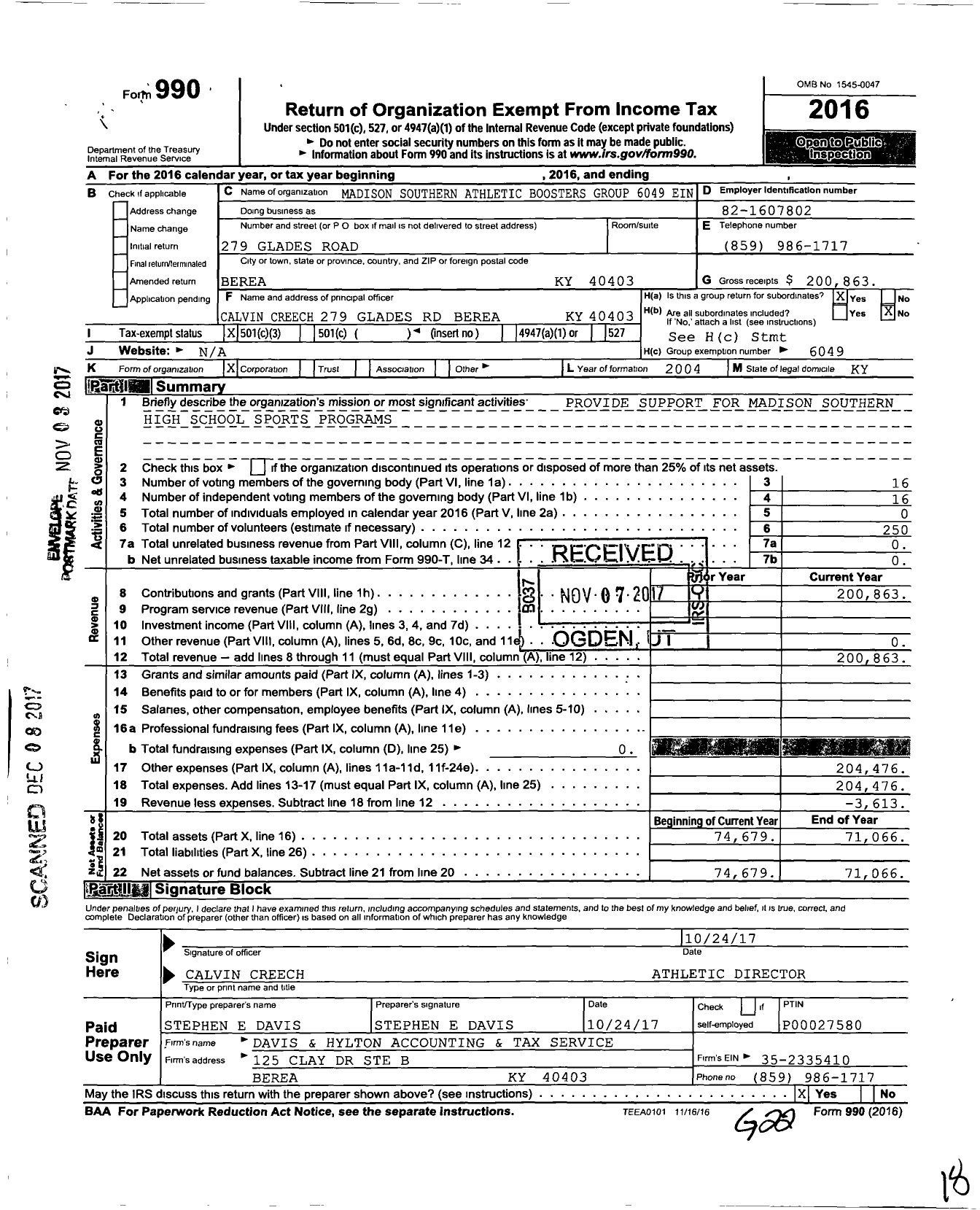 Image of first page of 2016 Form 990 for Madison Southern Athletic Boosters Group 6049 Ein - Group Return 6049