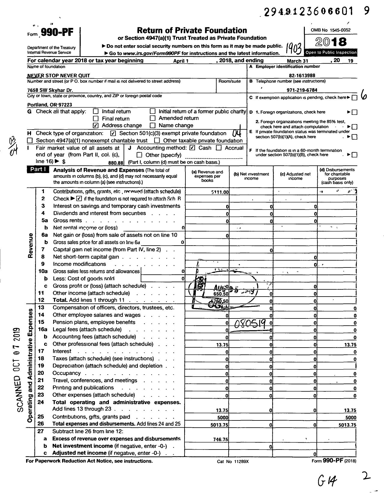 Image of first page of 2018 Form 990PF for Never Stop Never Quit