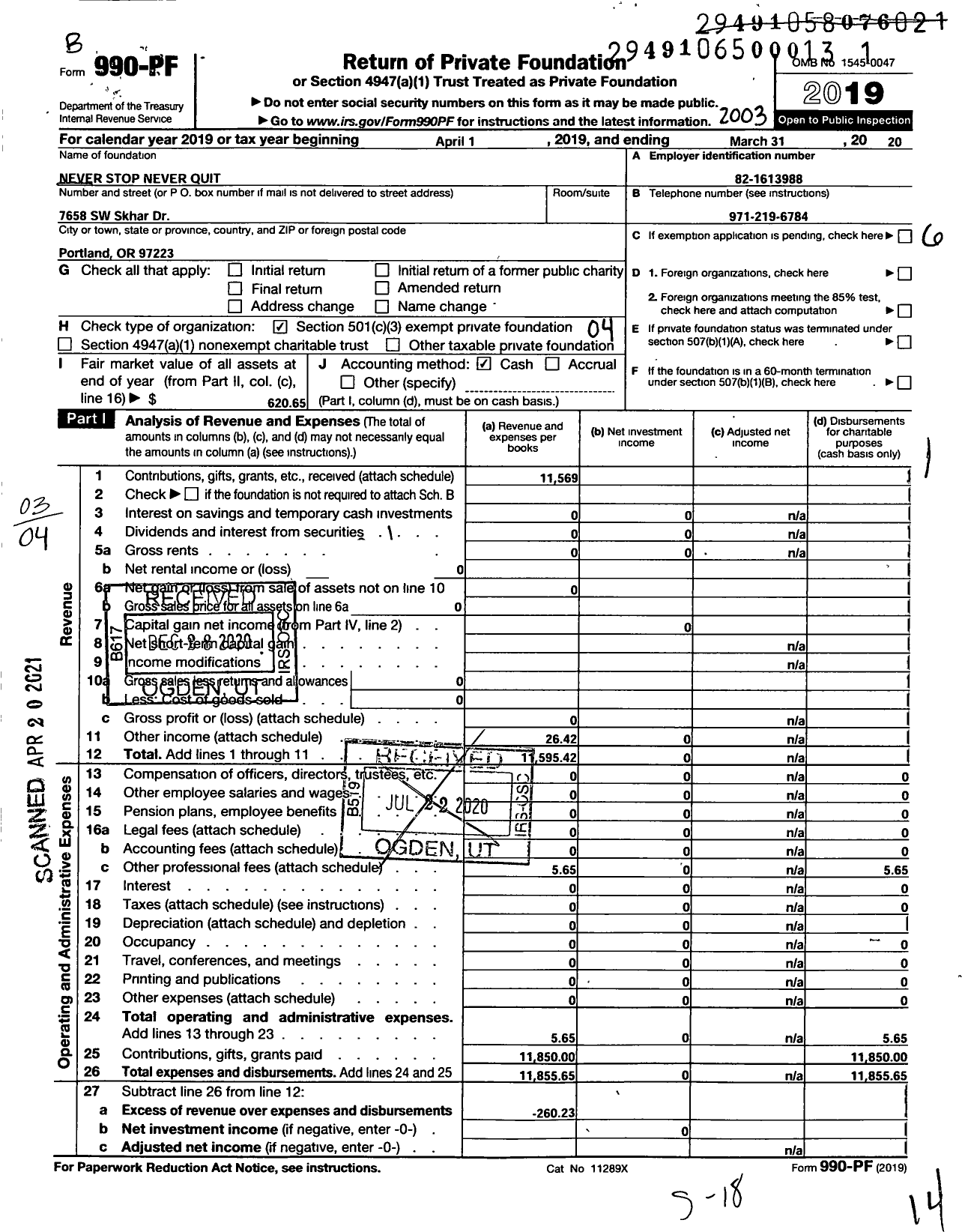 Image of first page of 2019 Form 990PF for Never Stop Never Quit