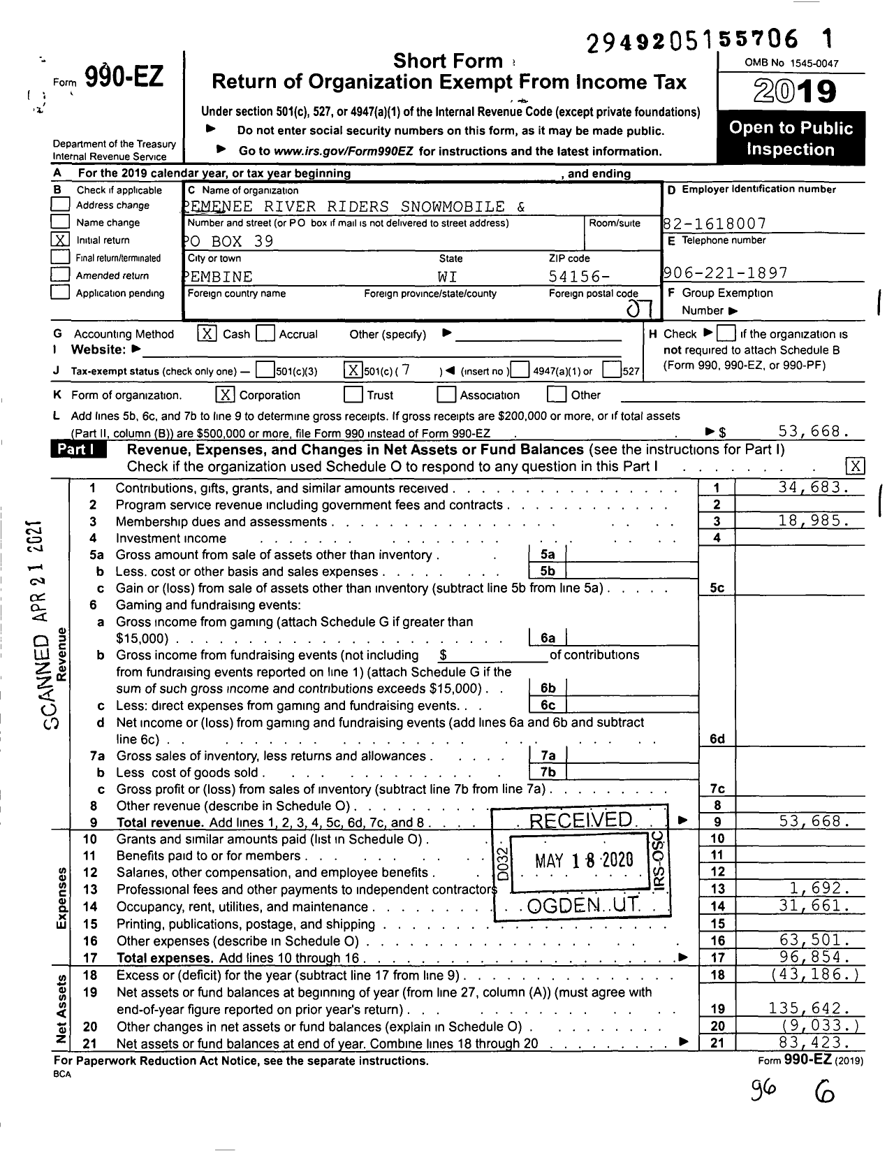 Image of first page of 2019 Form 990EO for Pemenee River Riders Snowmobile and Atv / Utv Club