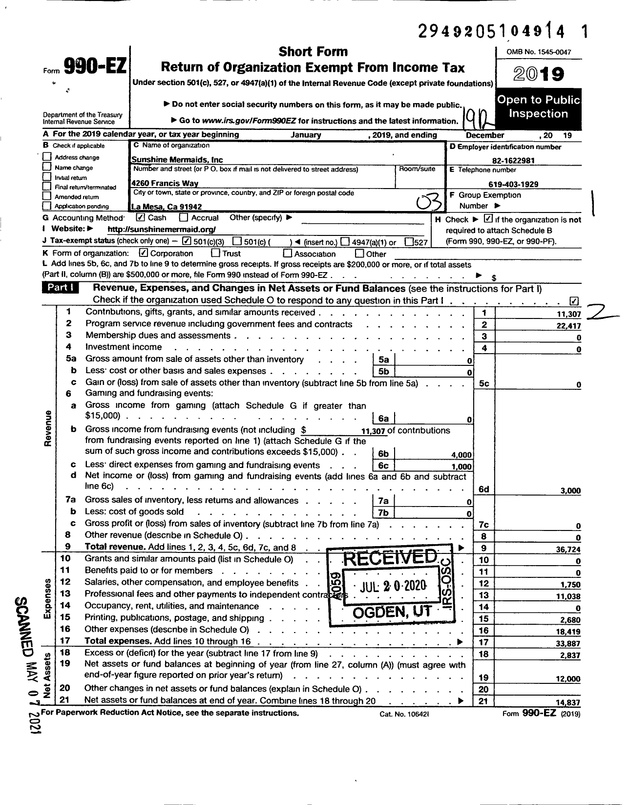 Image of first page of 2019 Form 990EZ for Sunshine Mermaids