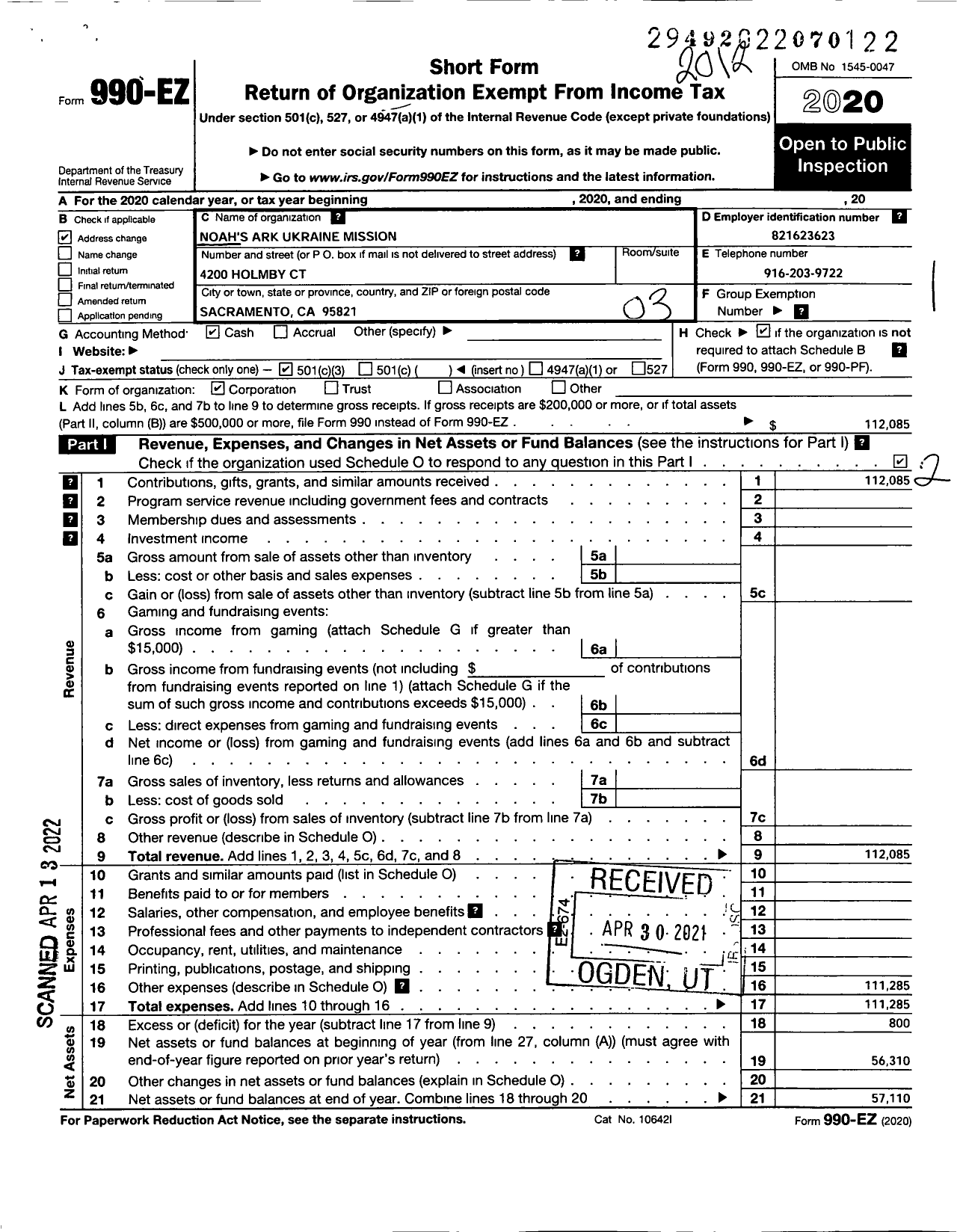 Image of first page of 2020 Form 990EZ for Noahs Ark Ukraine Mission