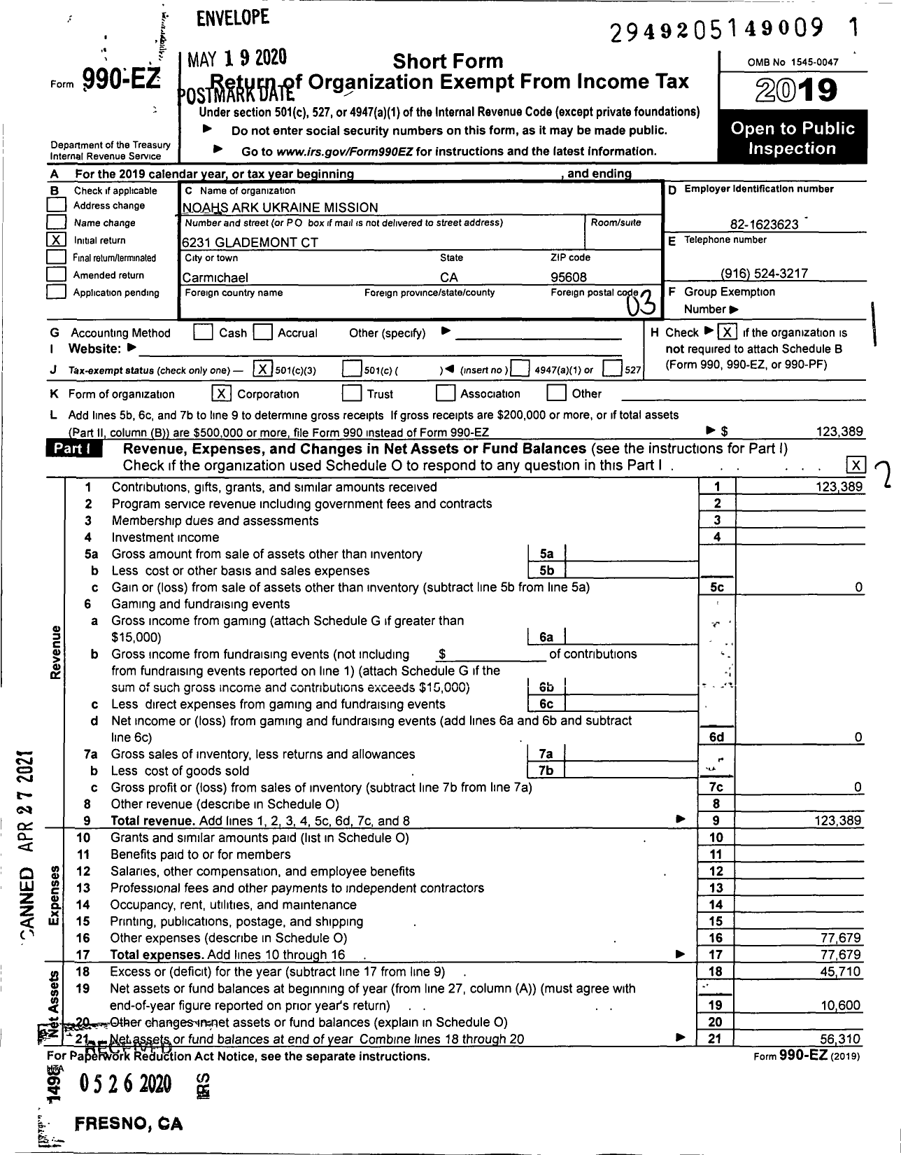 Image of first page of 2019 Form 990EZ for Noahs Ark Ukraine Mission