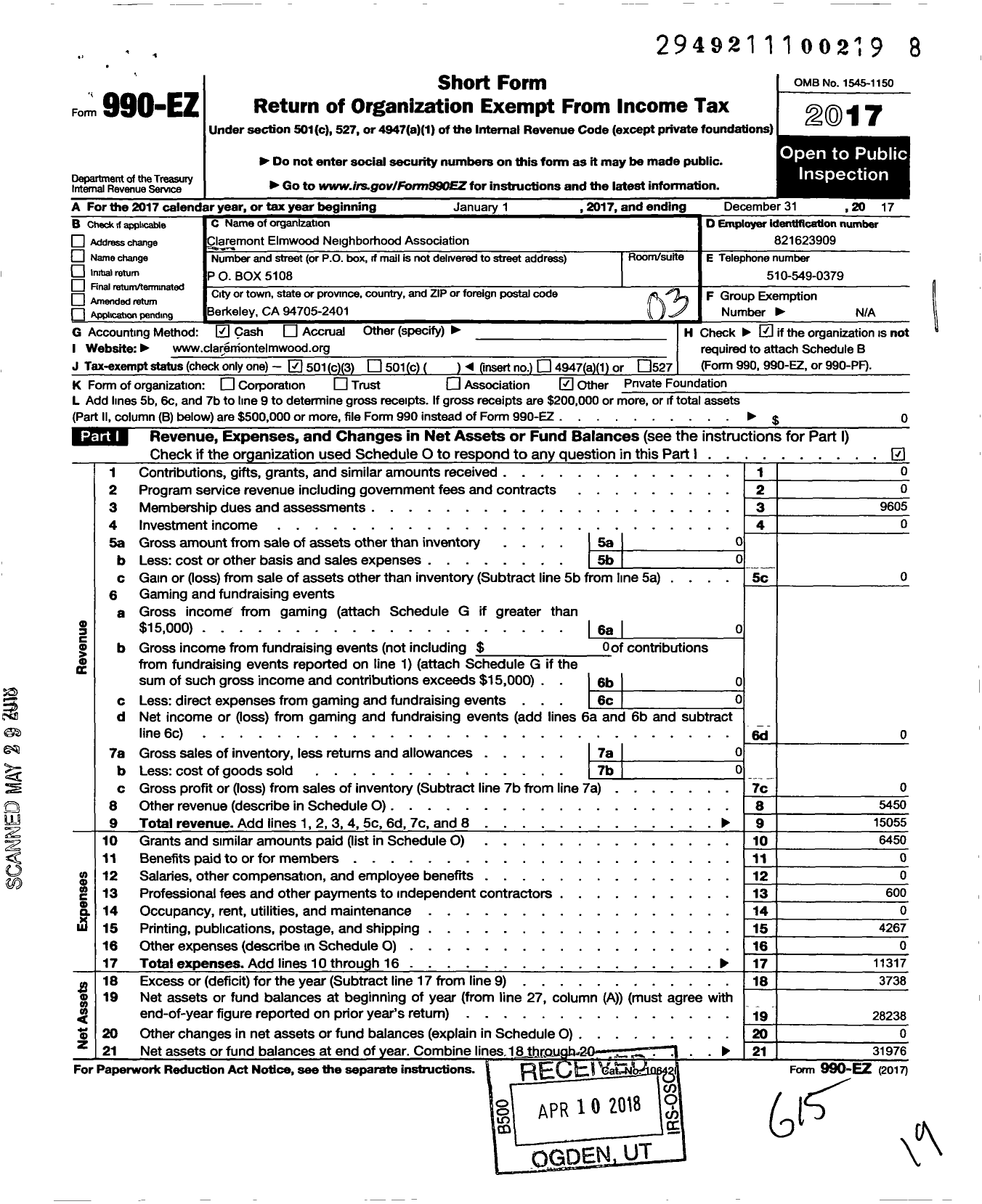 Image of first page of 2017 Form 990EZ for Claremont Elmwood Neighborhood Association