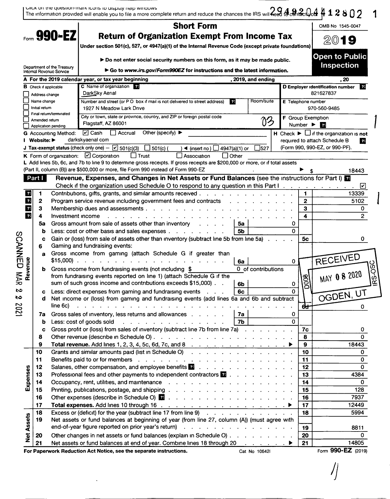 Image of first page of 2019 Form 990EZ for Darksky Aerial