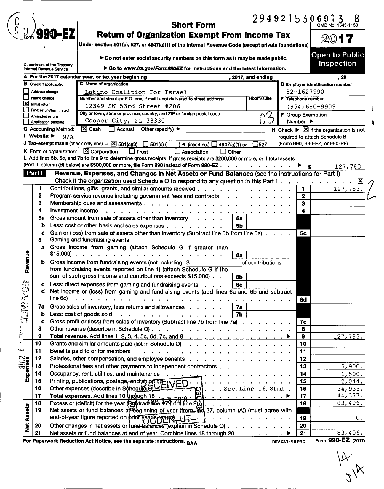 Image of first page of 2017 Form 990EZ for Latino Coalition For Israel