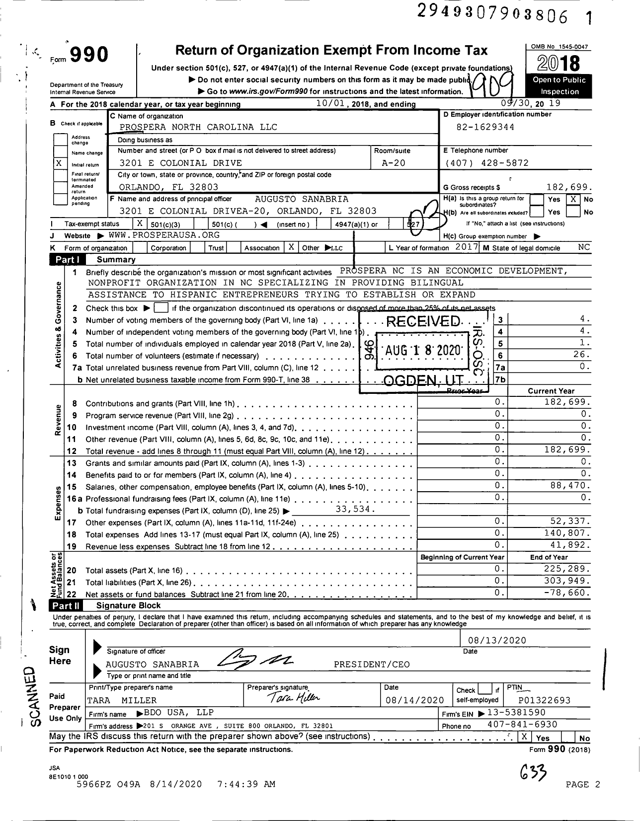 Image of first page of 2018 Form 990 for Prospera North Carolina LLC