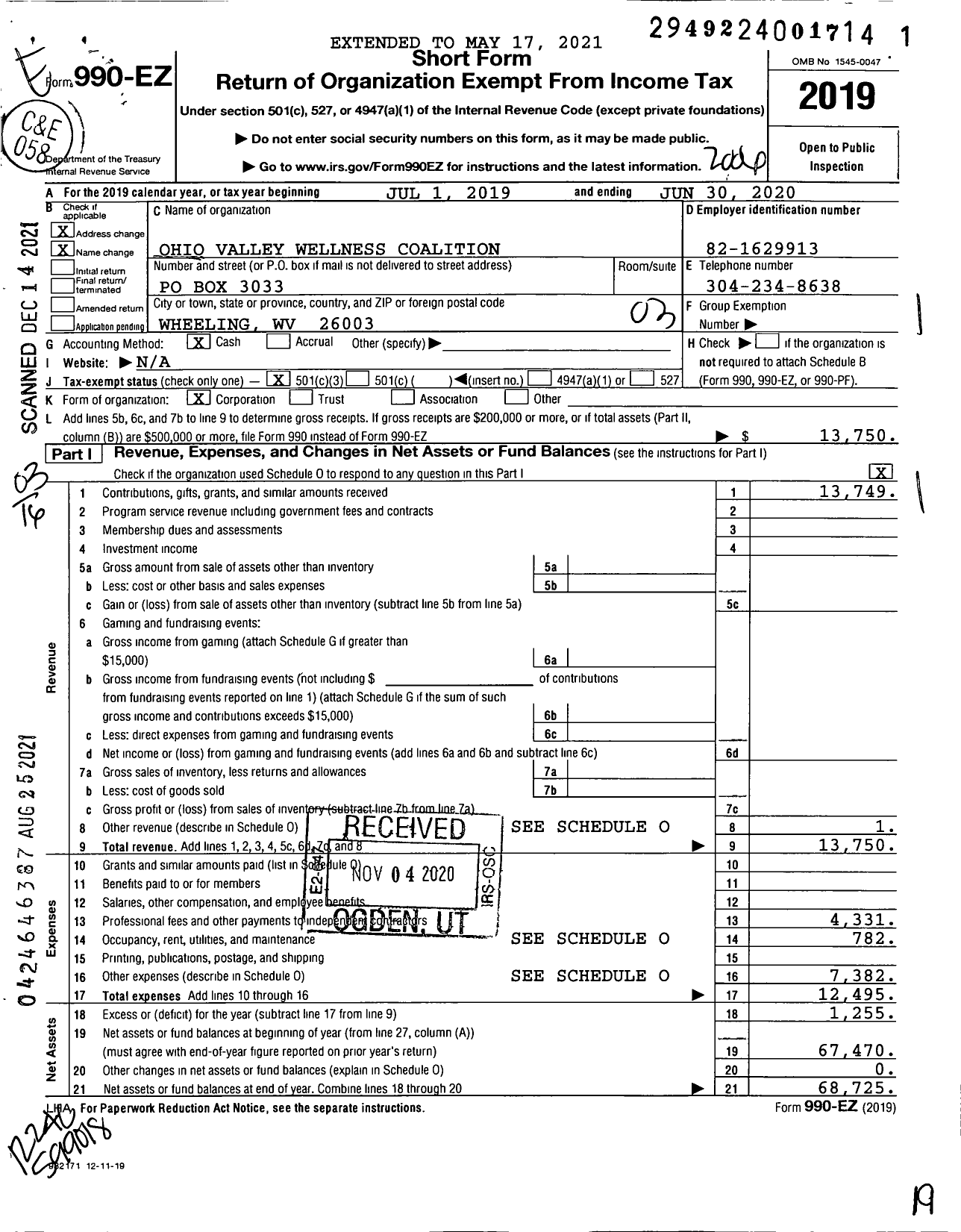 Image of first page of 2019 Form 990EZ for Ohio Valley Wellness Coalition