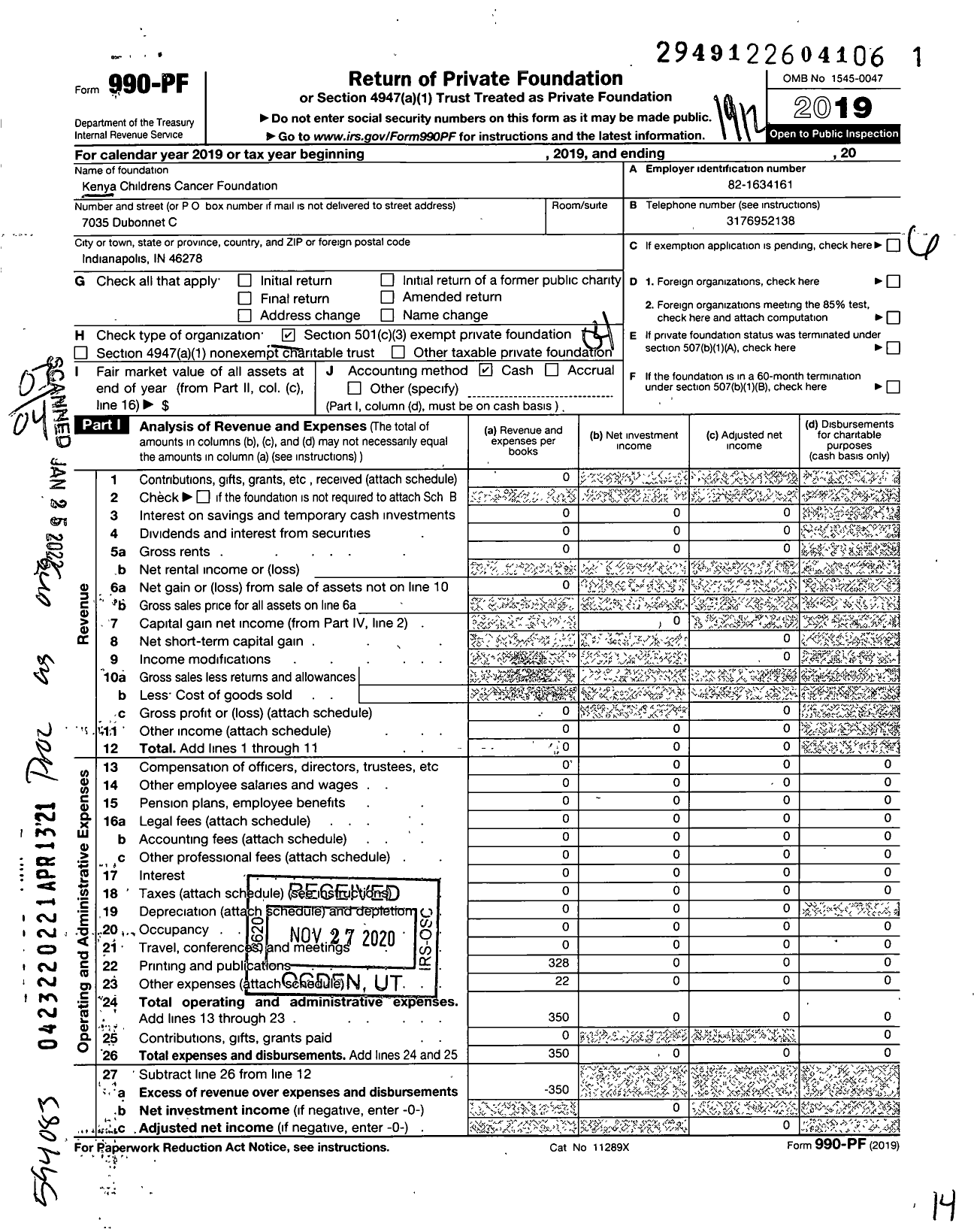 Image of first page of 2019 Form 990PF for Kenya Childrens Cancer Fund