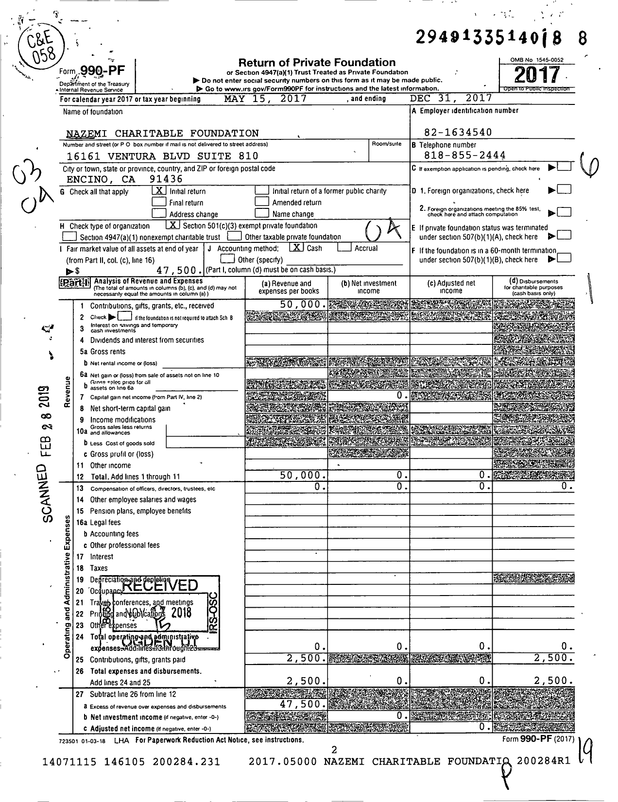 Image of first page of 2017 Form 990PF for Nazemi Charitable Foundation