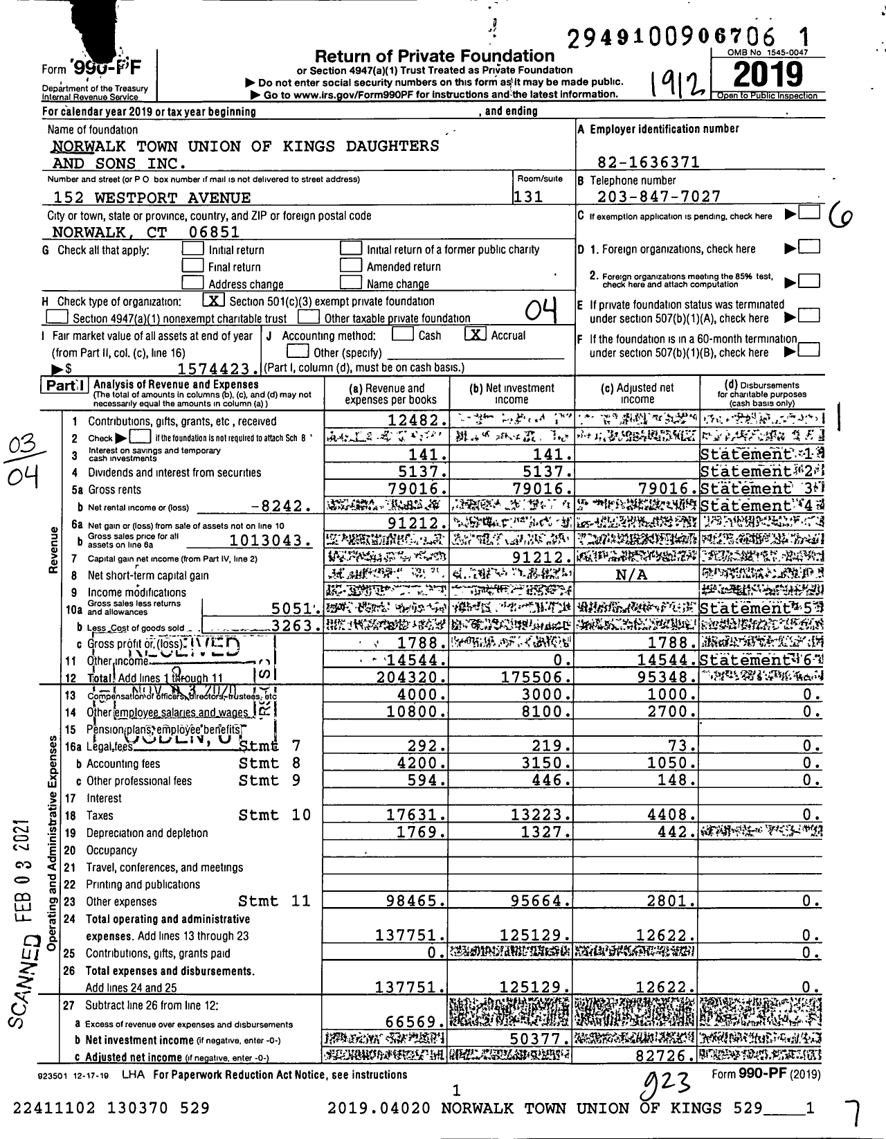 Image of first page of 2019 Form 990PF for Norwalk Town Union of King's Daughters and Sons