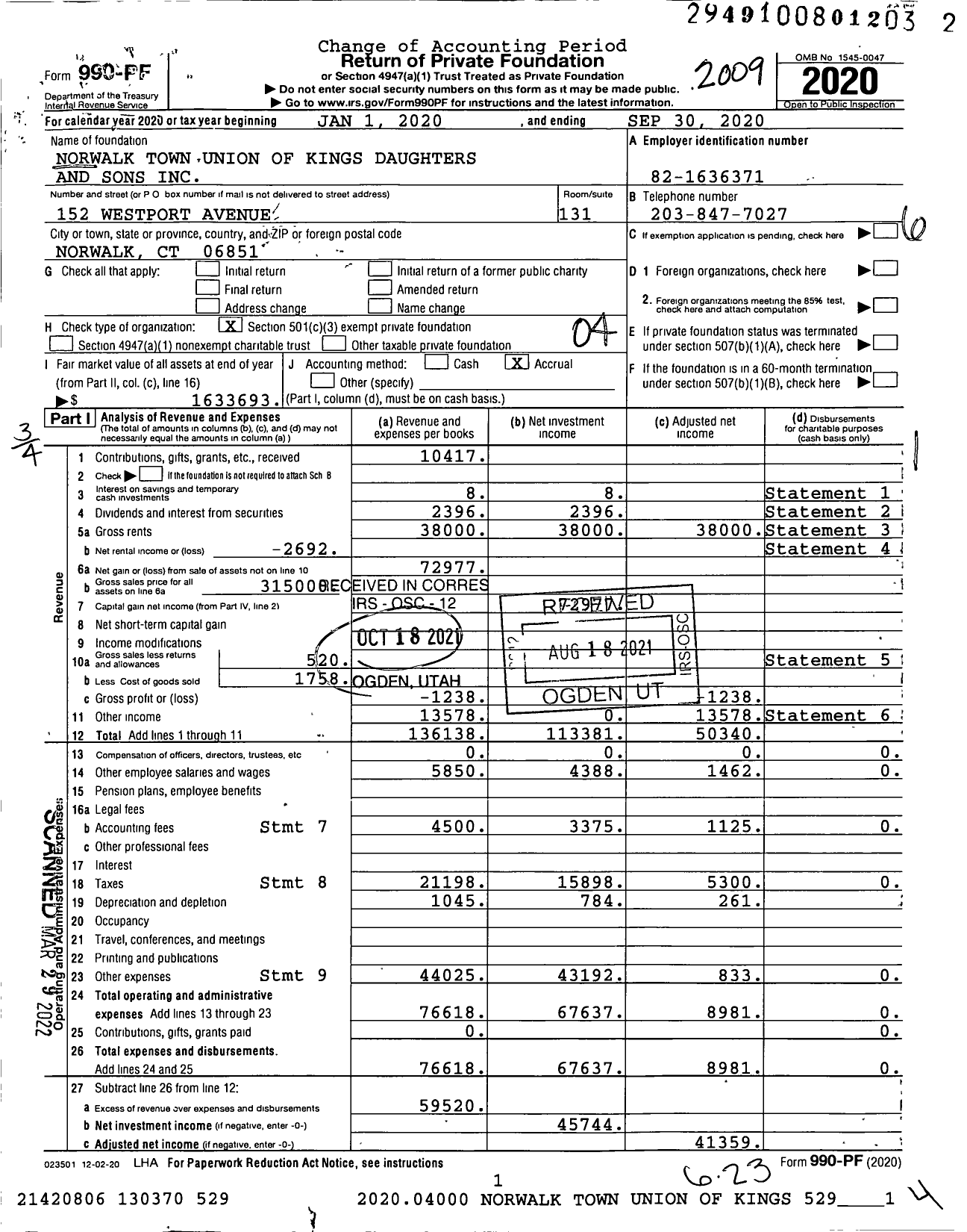 Image of first page of 2019 Form 990PF for Norwalk Town Union of King's Daughters and Sons