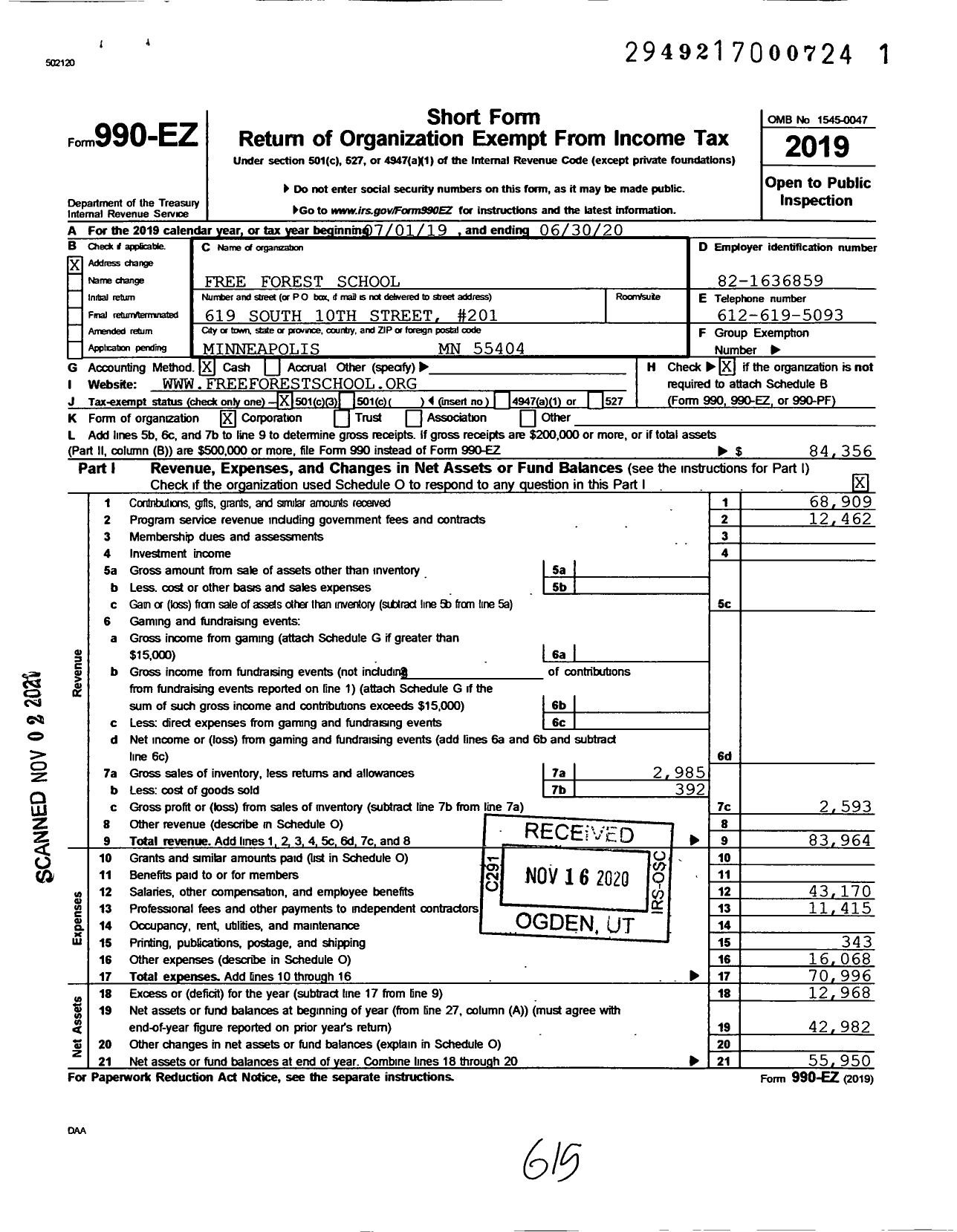 Image of first page of 2019 Form 990EZ for Free Forest School