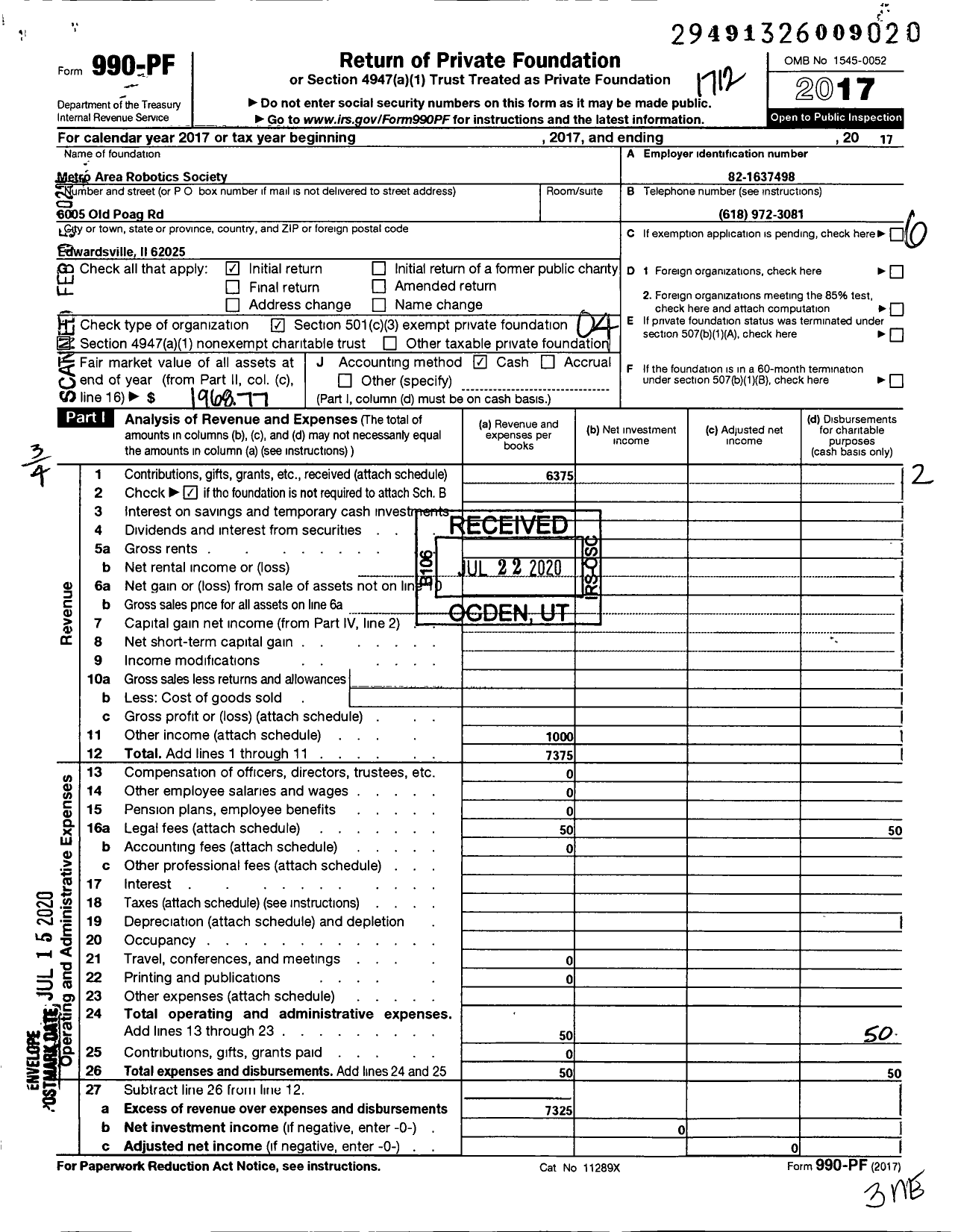 Image of first page of 2017 Form 990PF for Metro Area Robotics Society