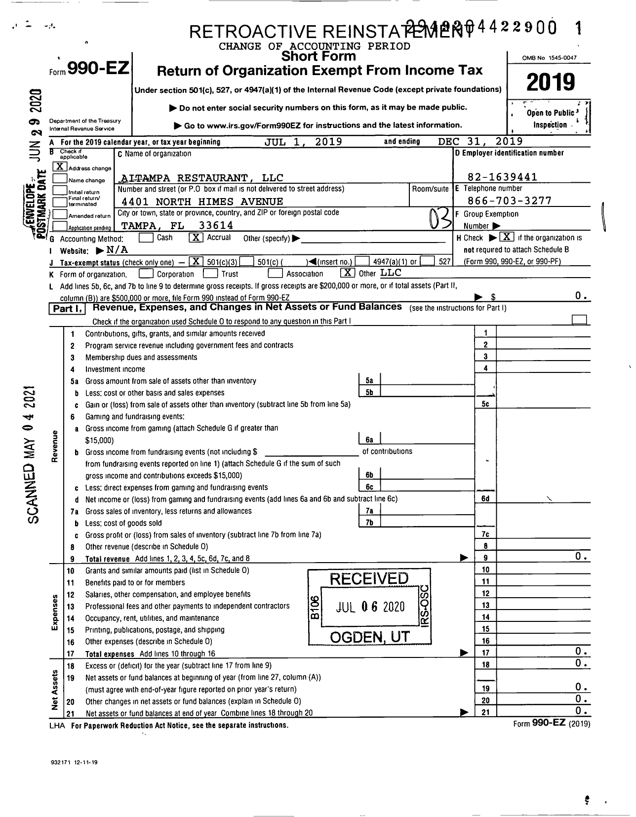 Image of first page of 2019 Form 990EZ for Aitampa Restaurant LLC