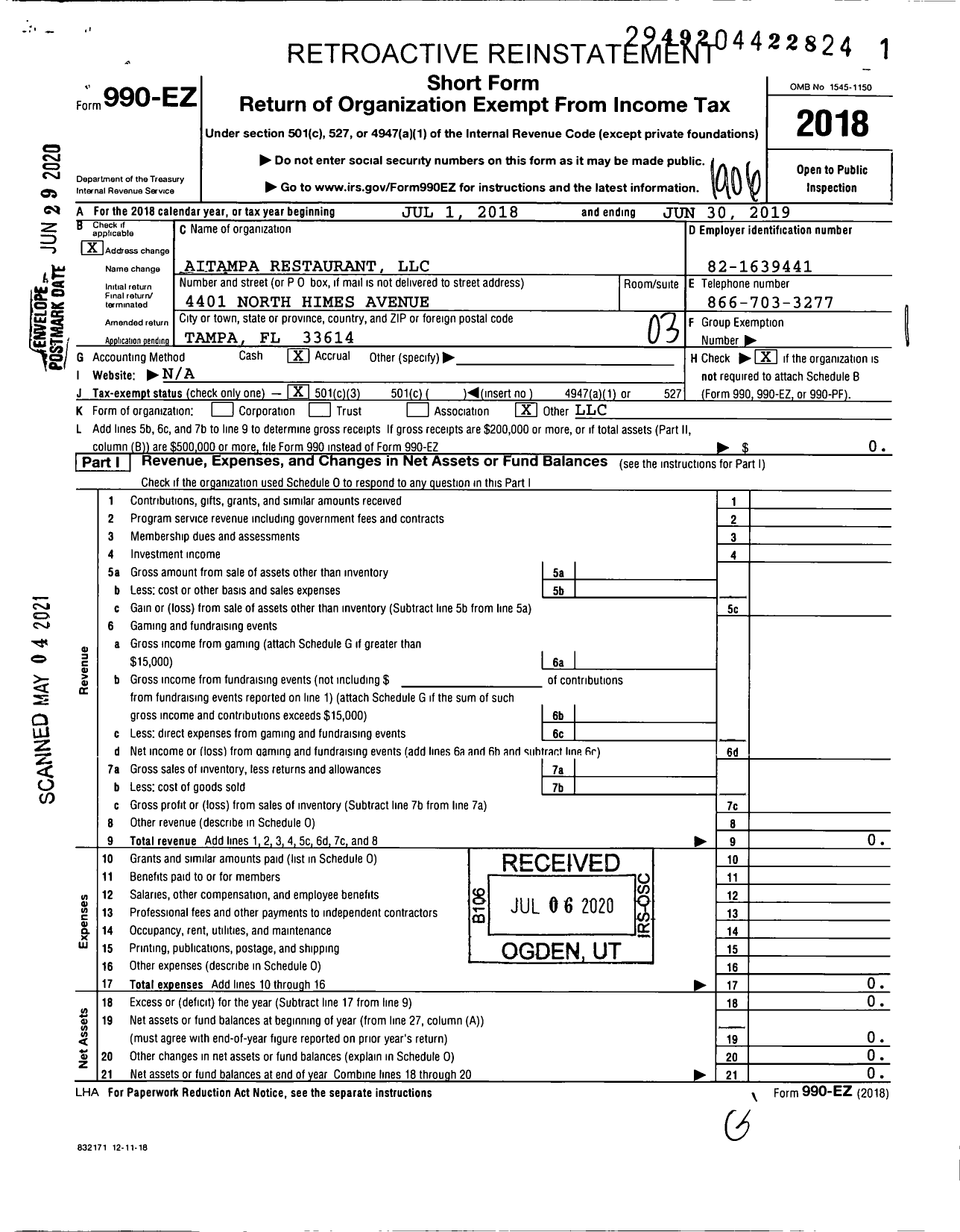 Image of first page of 2018 Form 990EZ for Aitampa Restaurant LLC