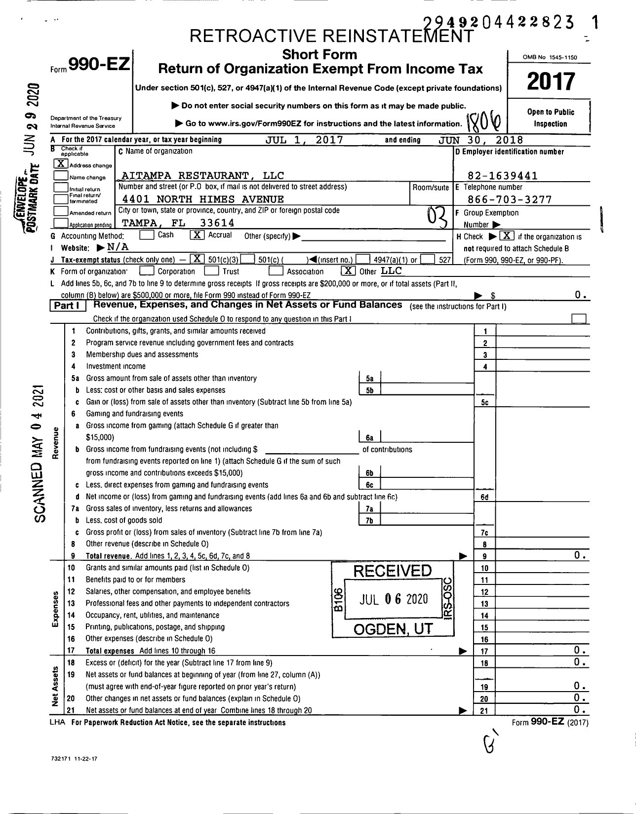 Image of first page of 2017 Form 990EZ for Aitampa Restaurant LLC