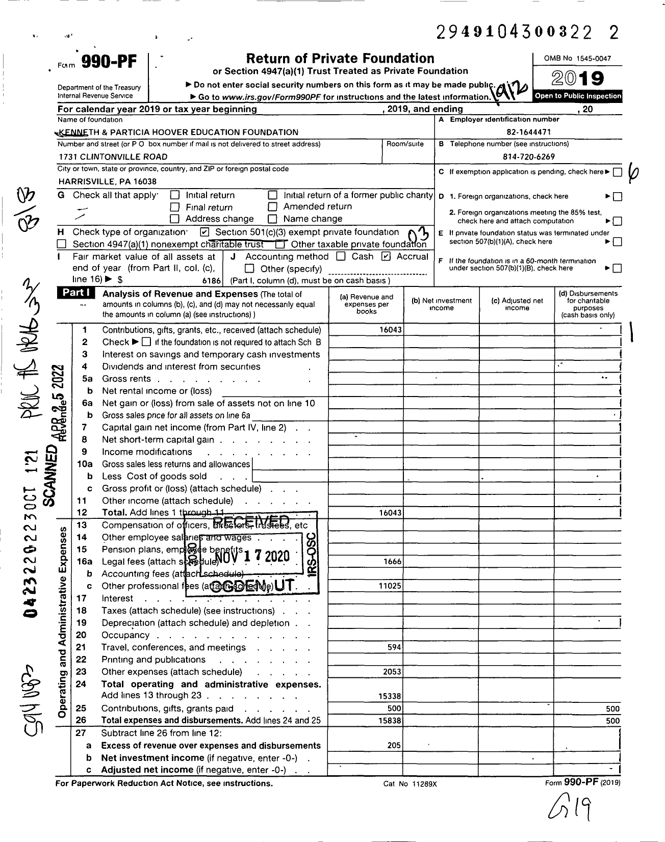 Image of first page of 2019 Form 990PF for Kenneth and Patricia Hoover Education Foundation