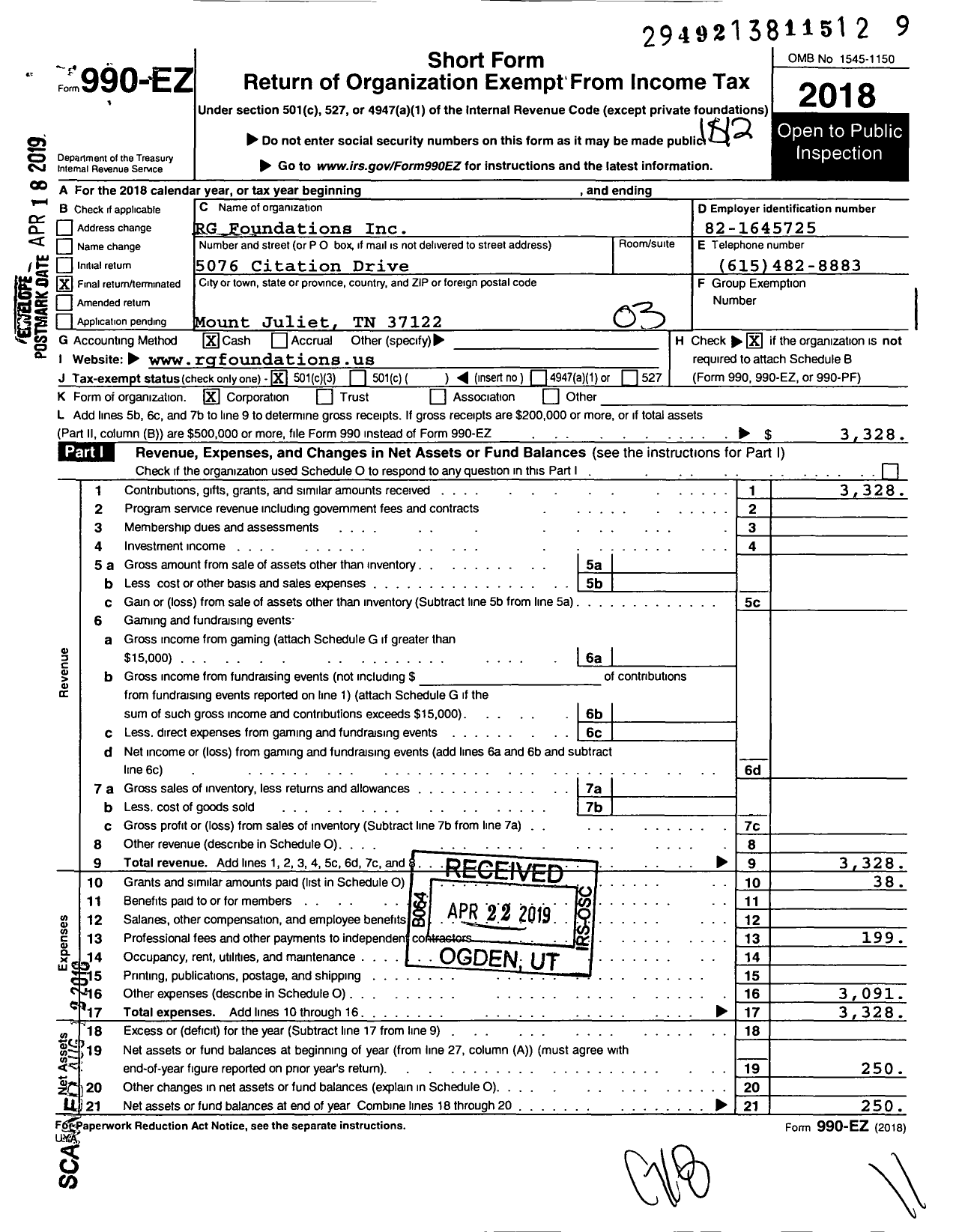 Image of first page of 2018 Form 990EZ for RG Foundations