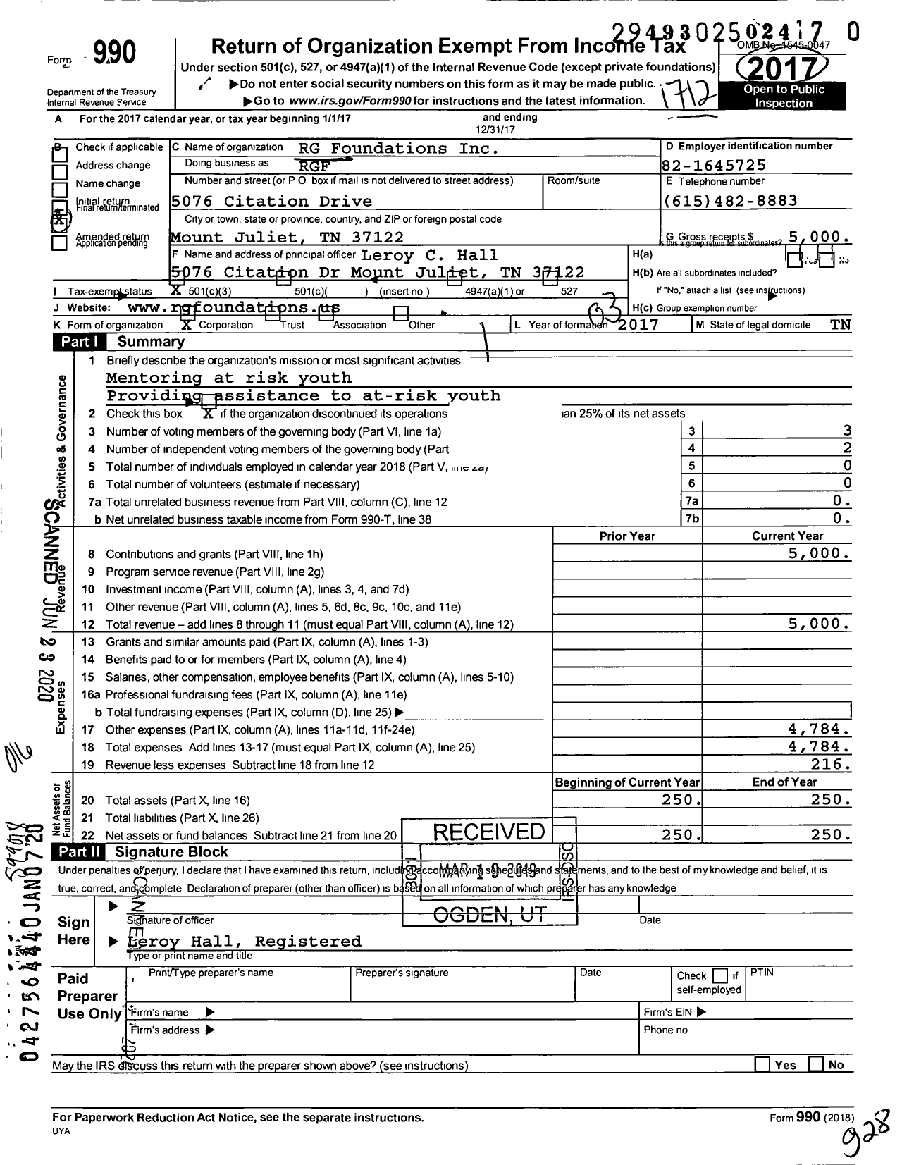 Image of first page of 2017 Form 990 for RG Foundations