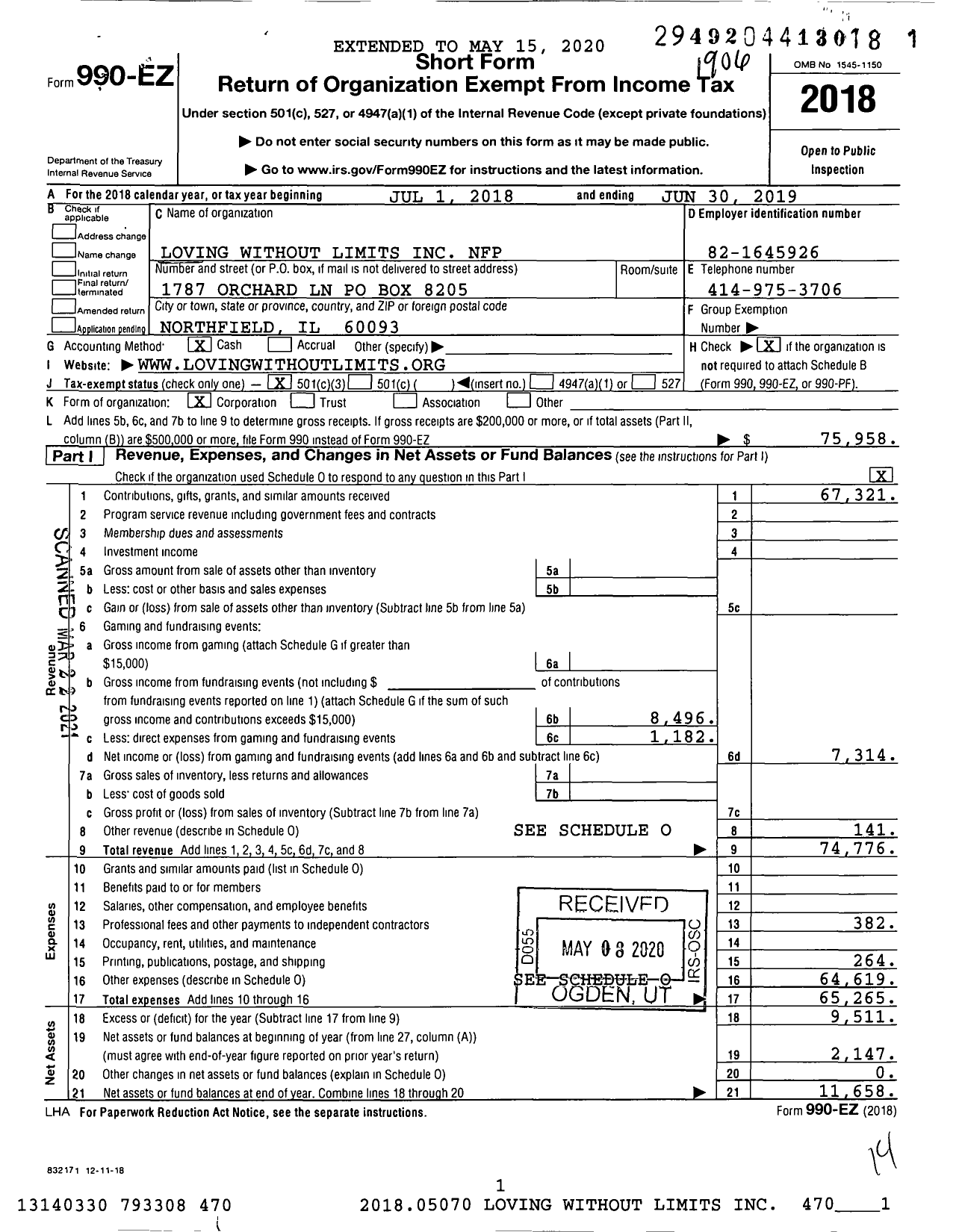 Image of first page of 2018 Form 990EZ for Loving Without Limits NFP