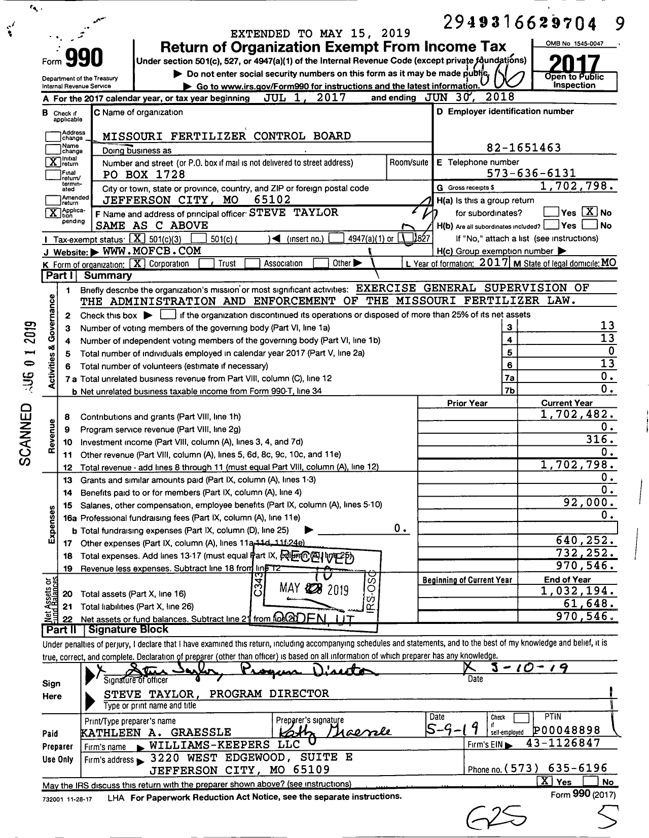 Image of first page of 2017 Form 990 for Missouri Fertilizer Control Board