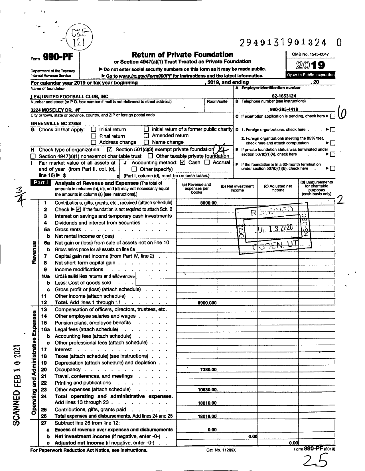 Image of first page of 2019 Form 990PF for Levi United Football Club