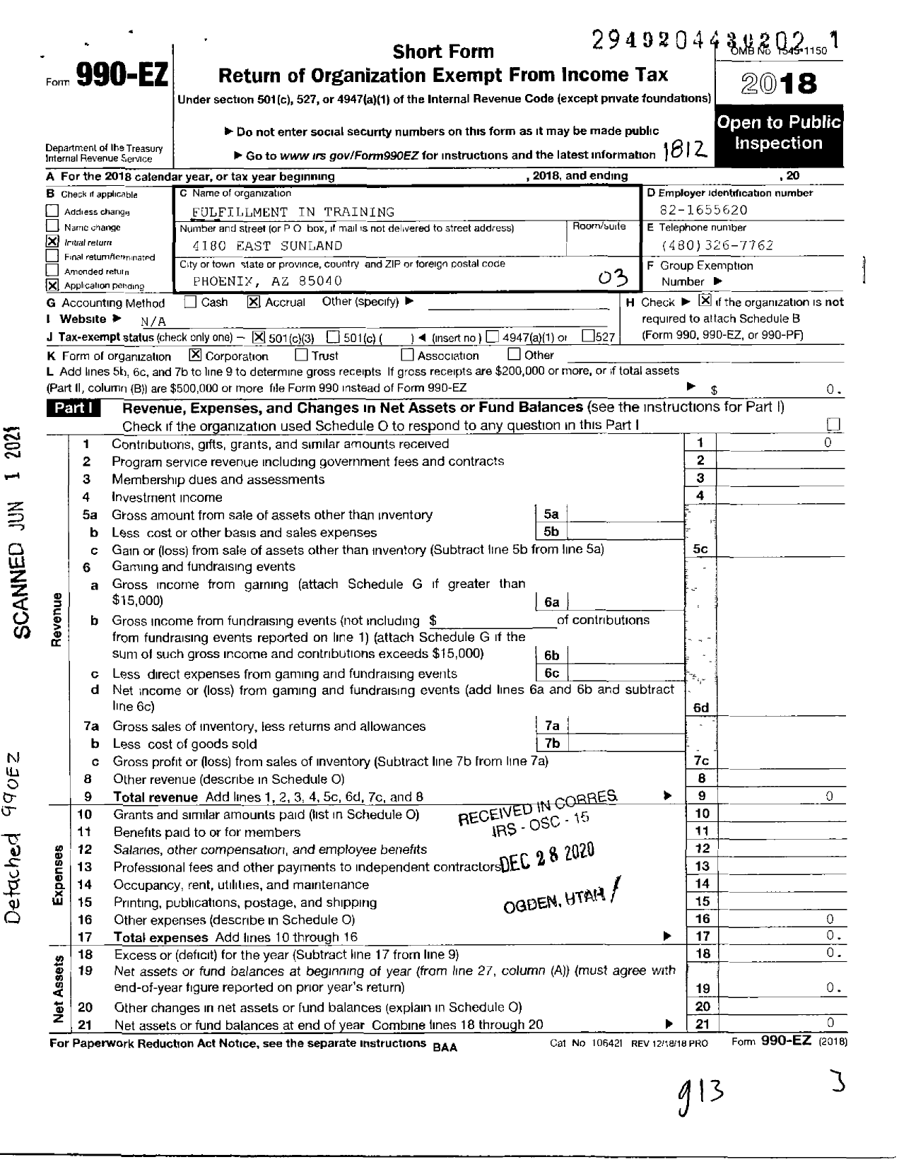 Image of first page of 2018 Form 990EZ for Fulfillment in Training (FIT)