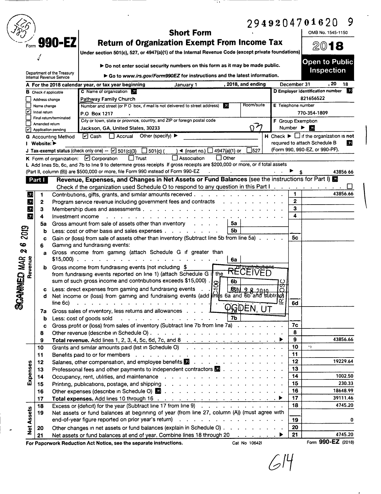 Image of first page of 2018 Form 990EZ for Pathway Family Church