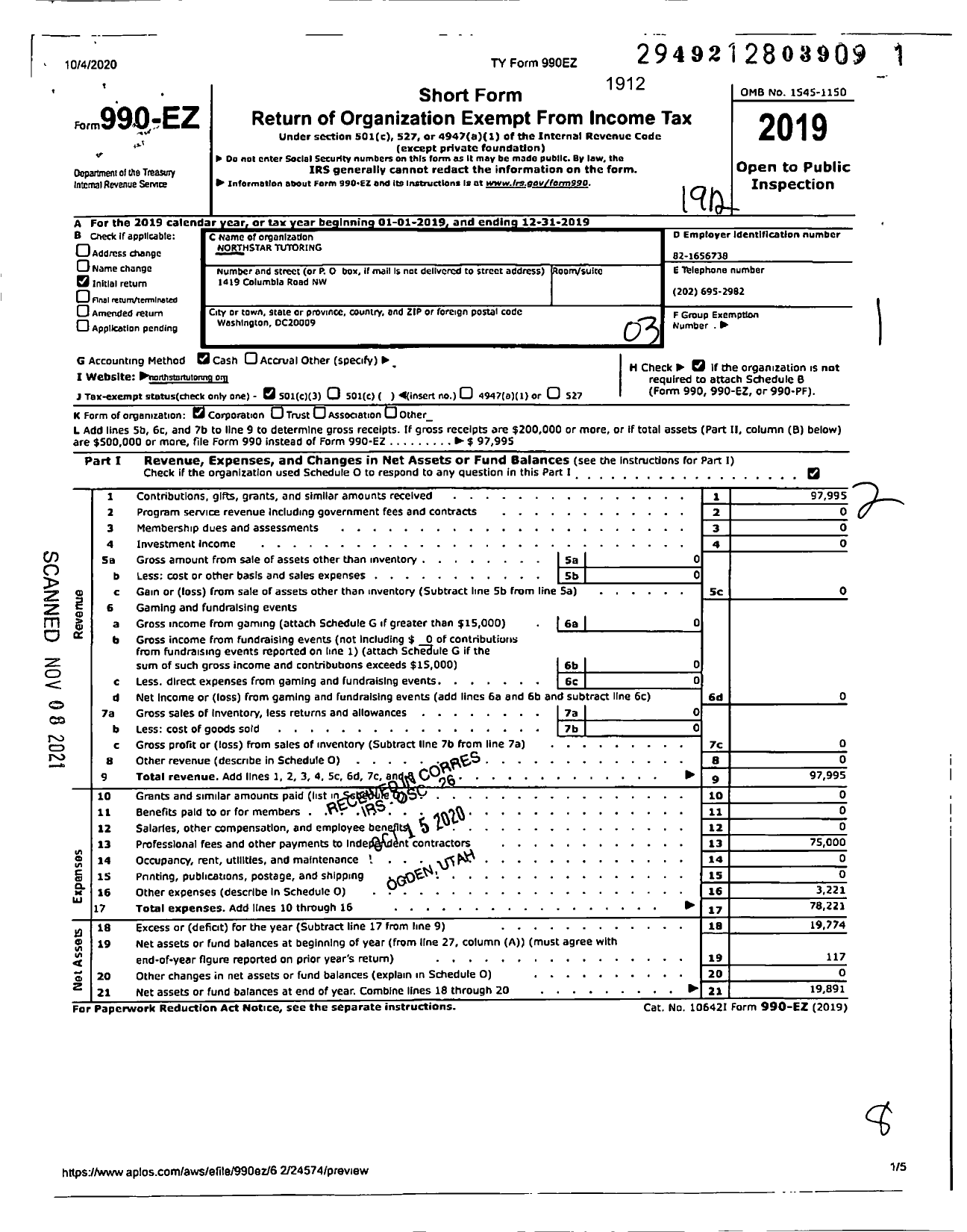 Image of first page of 2019 Form 990EZ for Northstar Tutoring