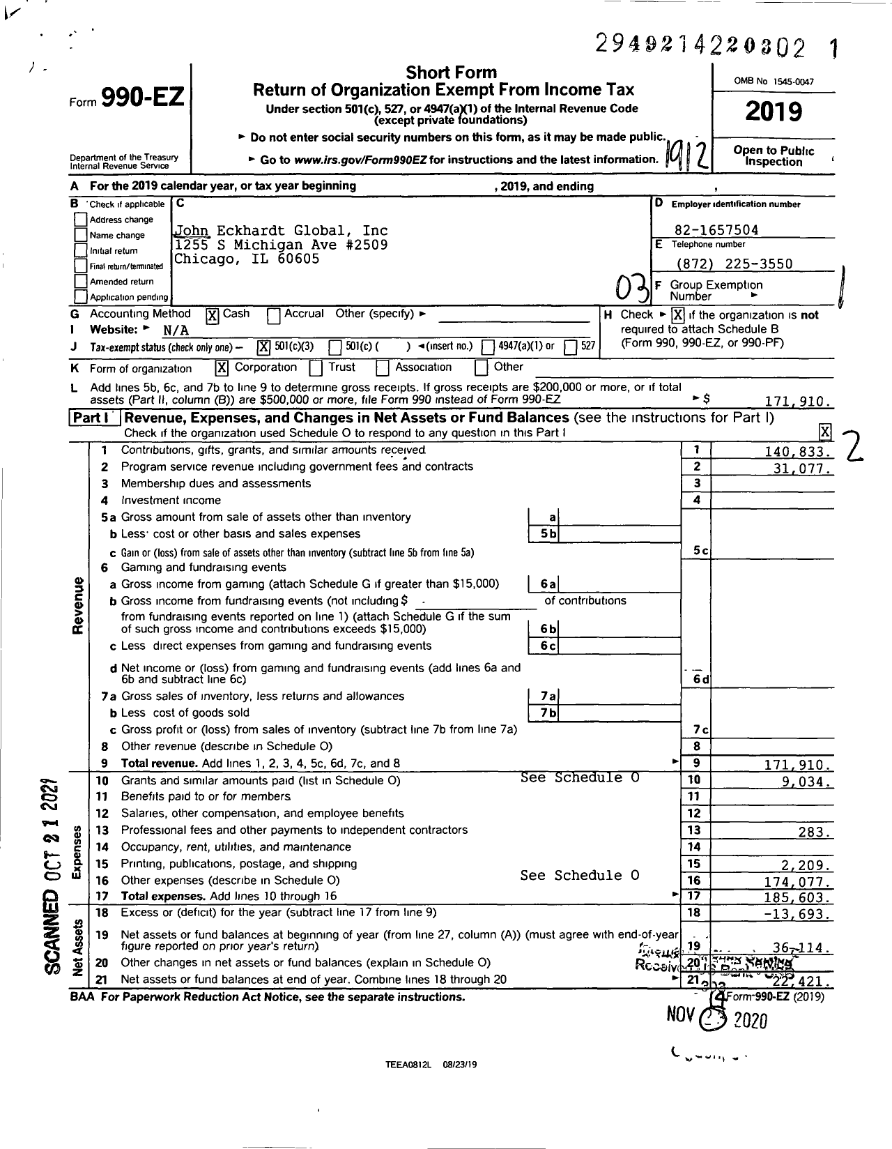 Image of first page of 2019 Form 990EZ for John Eckhardt Global