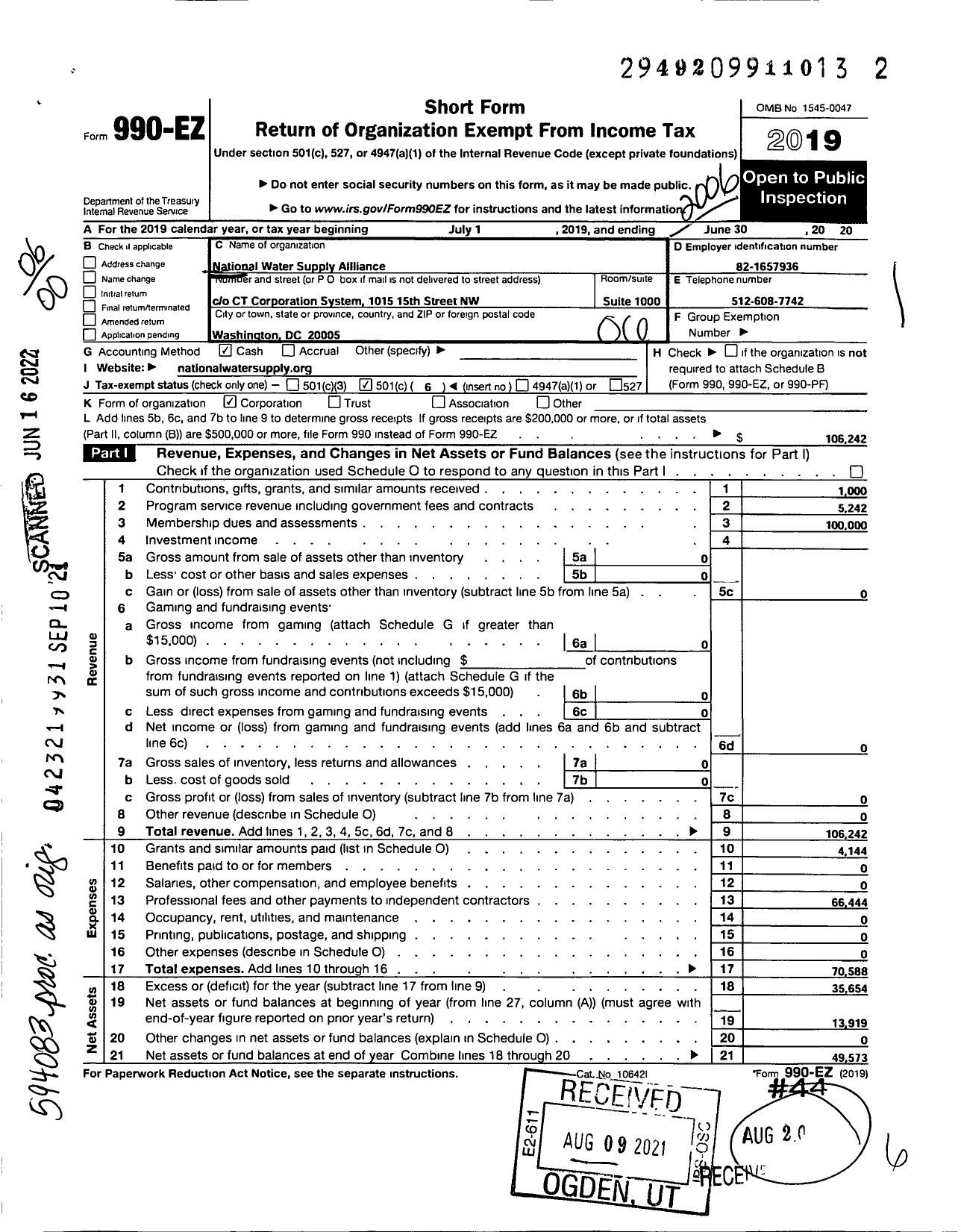 Image of first page of 2019 Form 990EO for National Water Supply Alliance