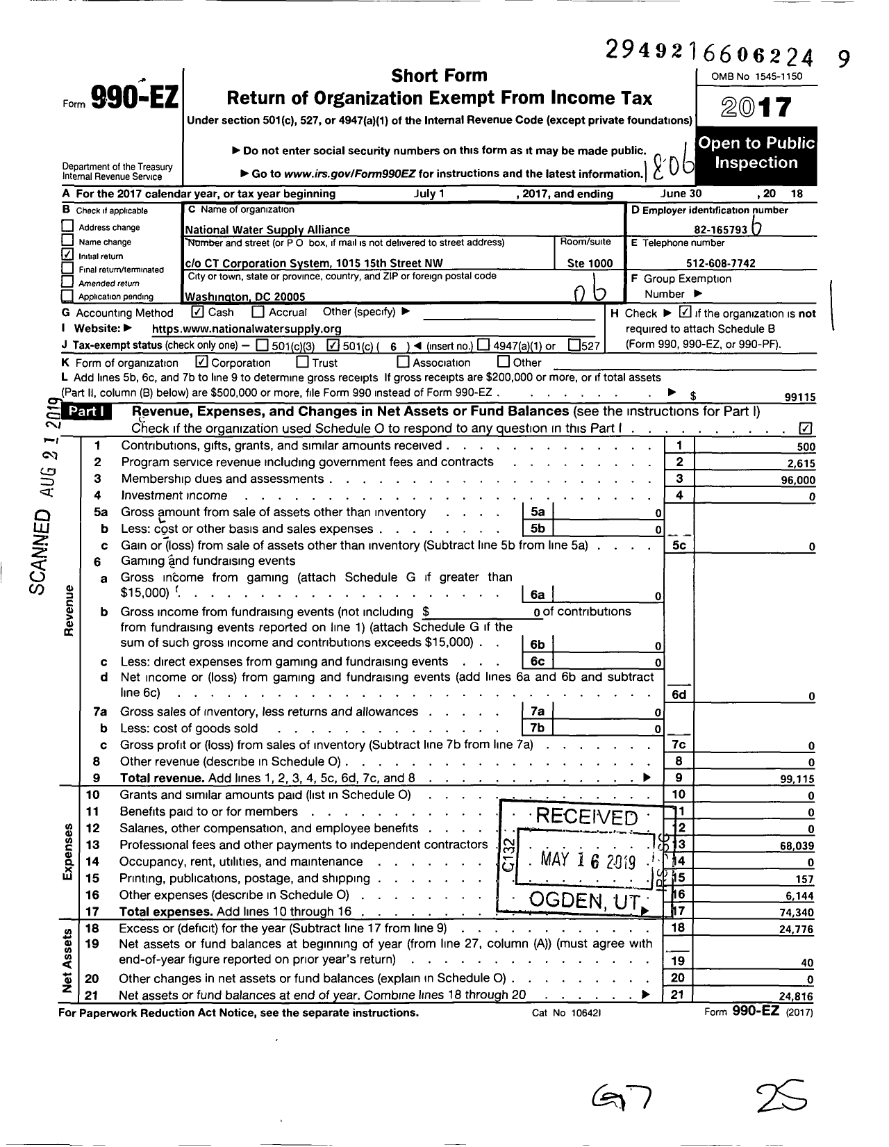 Image of first page of 2017 Form 990EO for National Water Supply Alliance