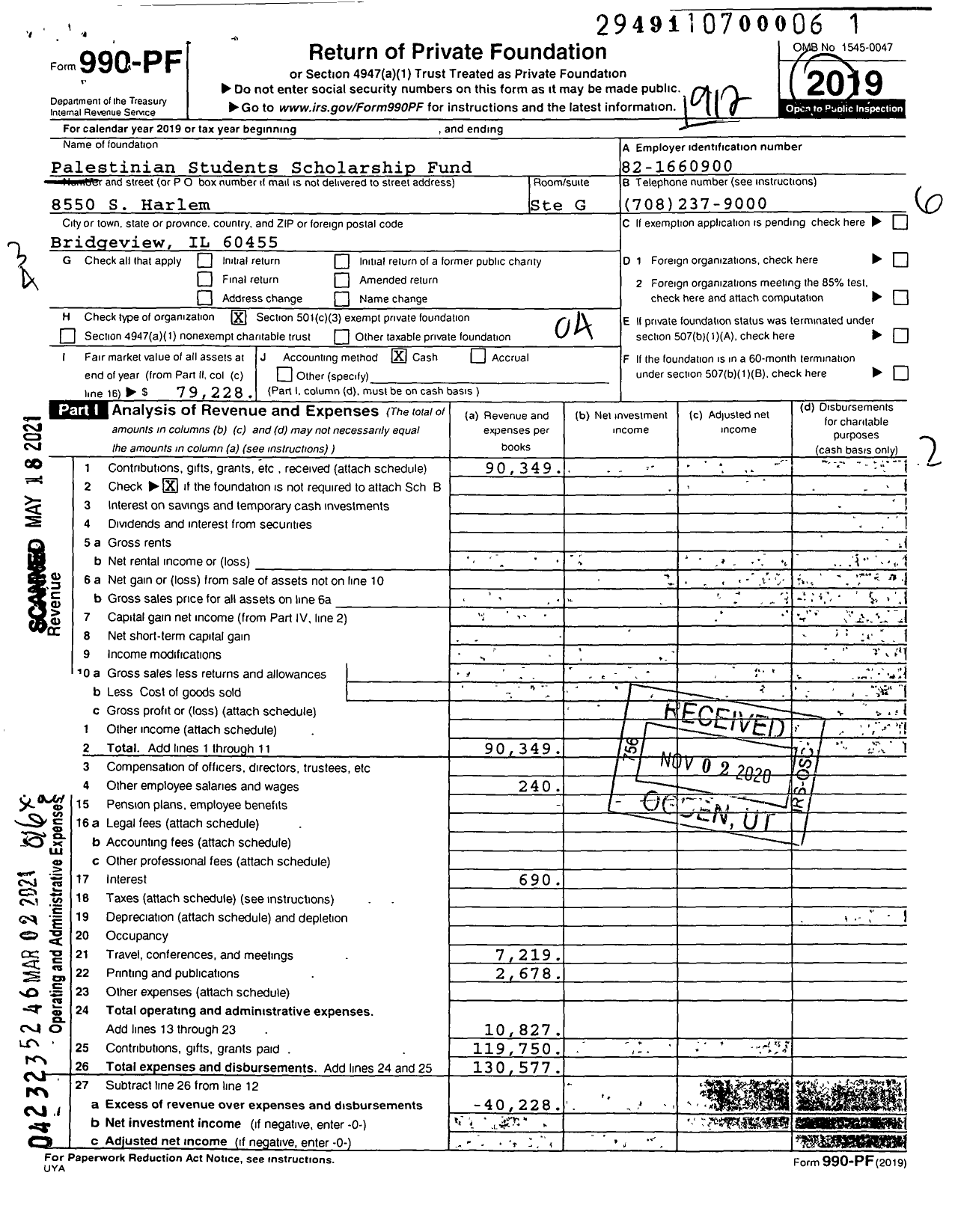 Image of first page of 2019 Form 990PF for Palestinian Students Scholarship Fund