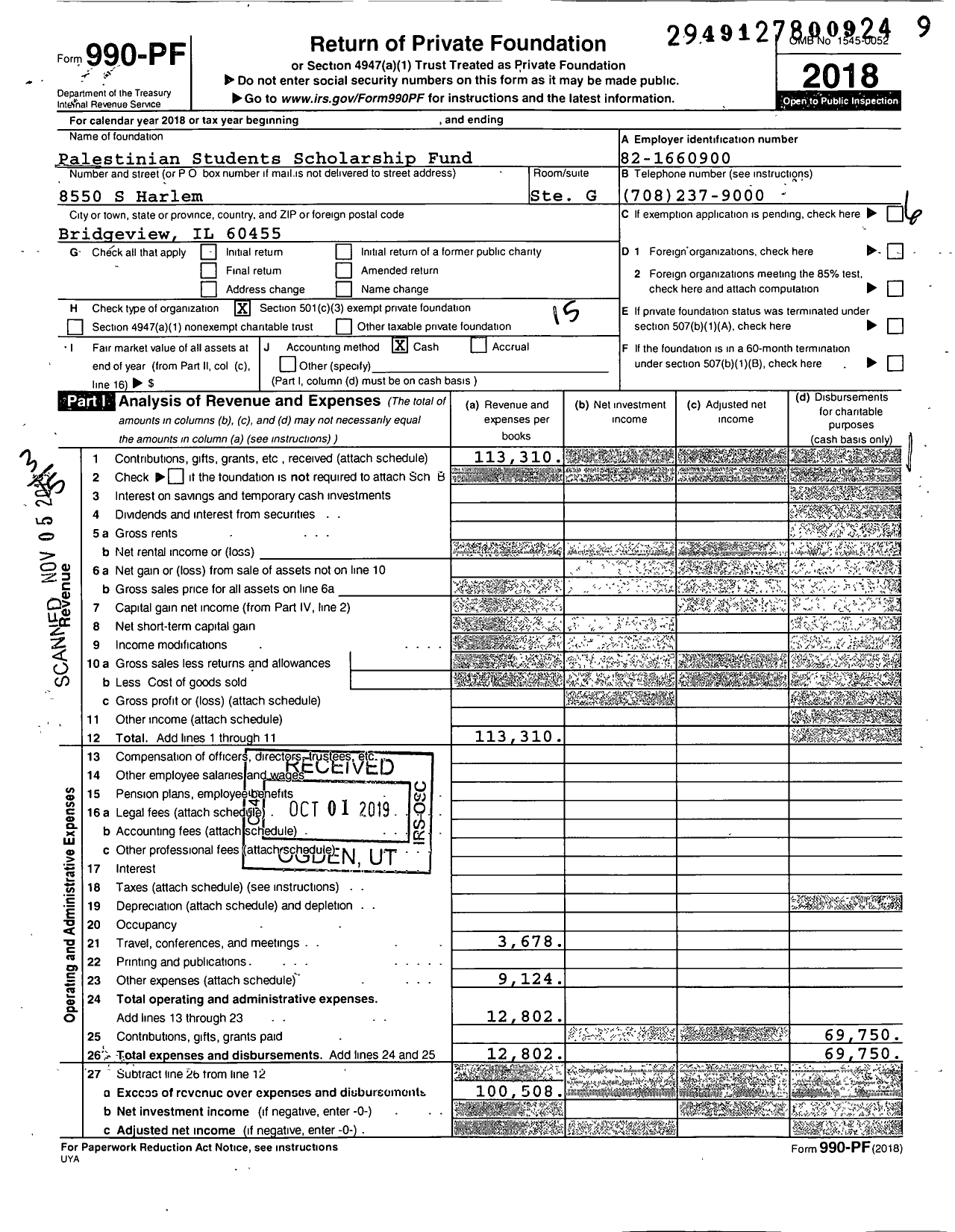 Image of first page of 2018 Form 990PF for Palestinian Students Scholarship Fund