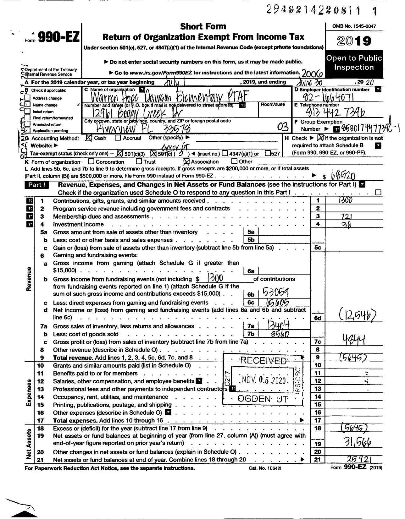 Image of first page of 2019 Form 990EZ for Pta Florida Congress (Dawson Elementary Pta)