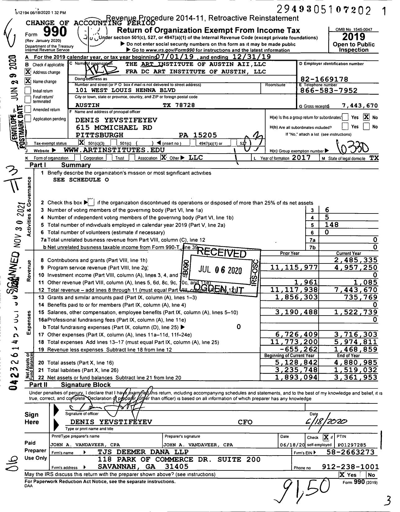 Image of first page of 2019 Form 990 for The Art Institute of Austin Aii LLC