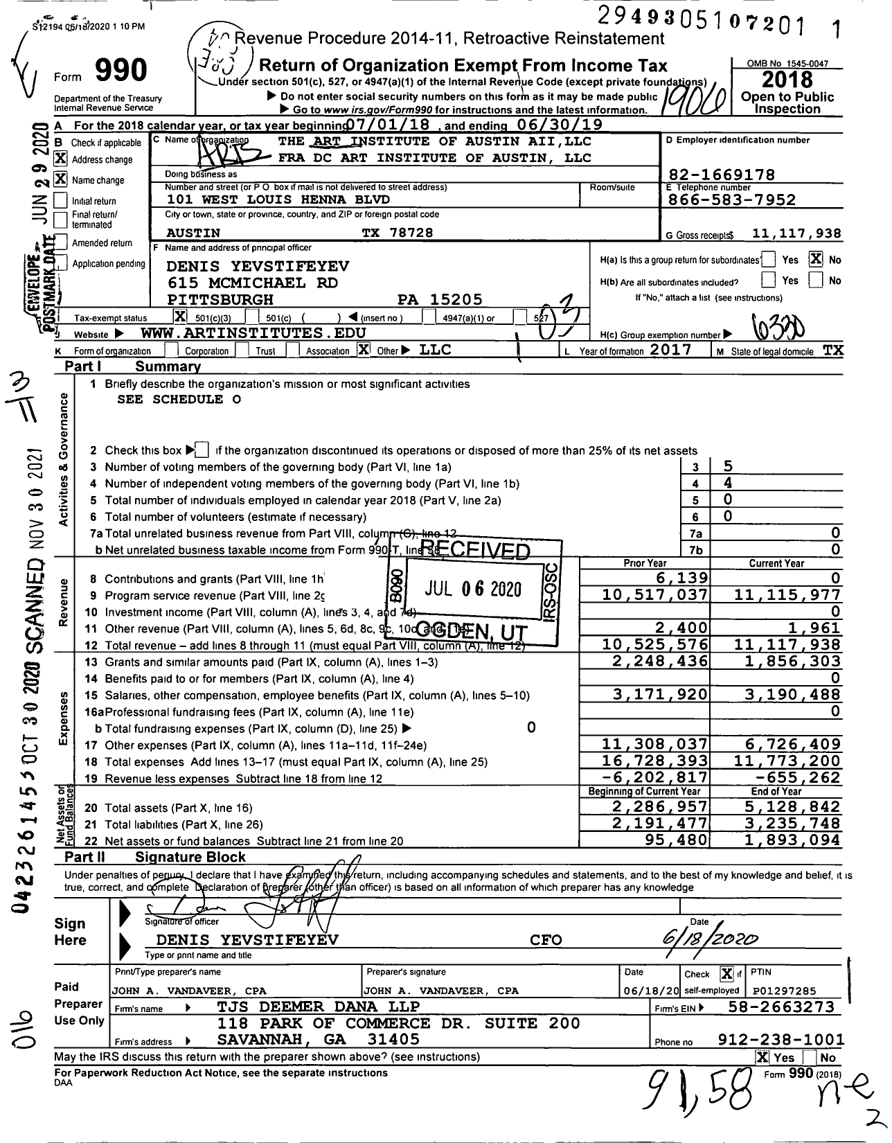 Image of first page of 2018 Form 990 for The Art Institute of Austin Aii LLC