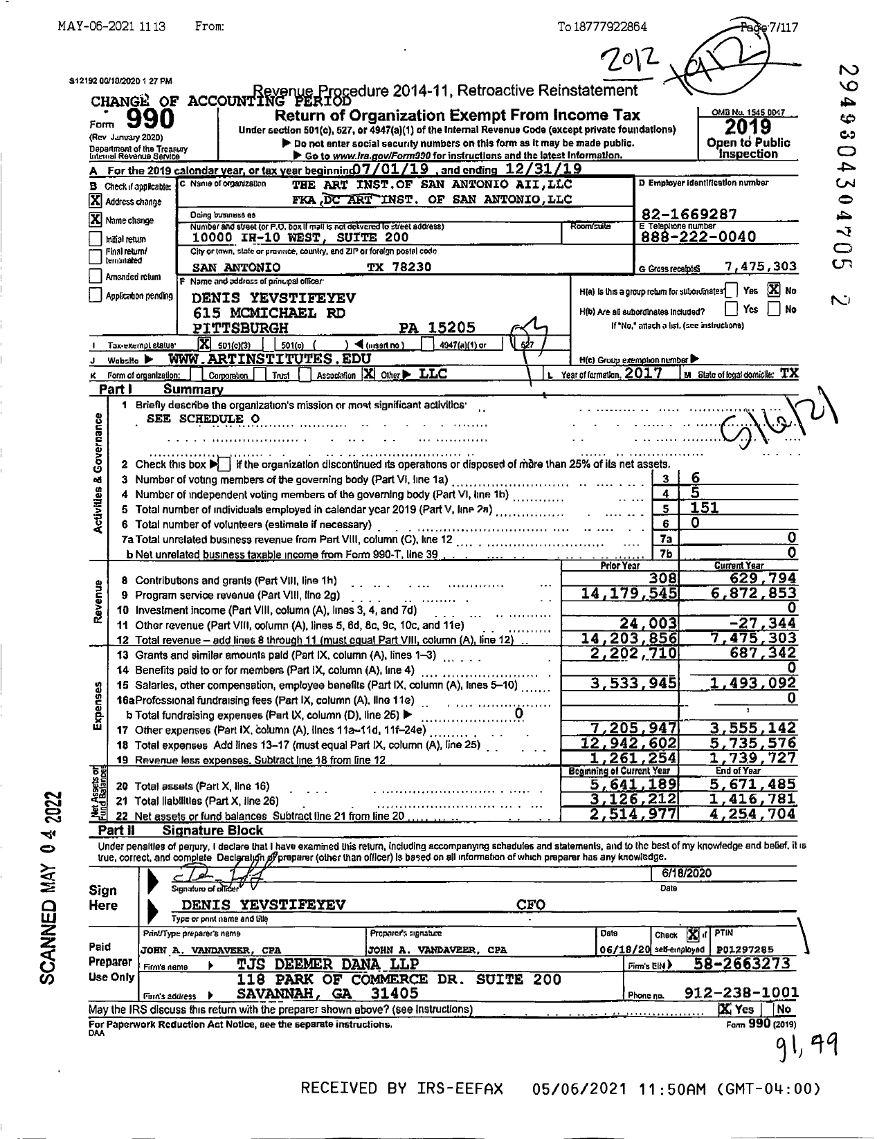 Image of first page of 2020 Form 990 for The Arts Institute of San Antonio