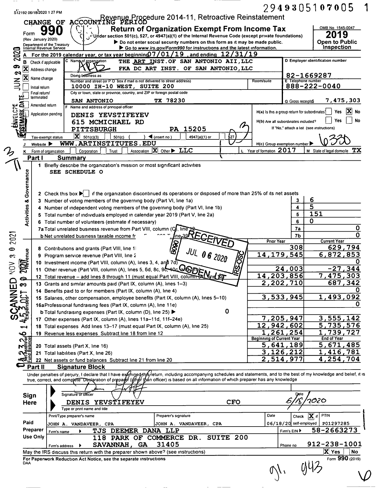 Image of first page of 2019 Form 990 for The Arts Institute of San Antonio