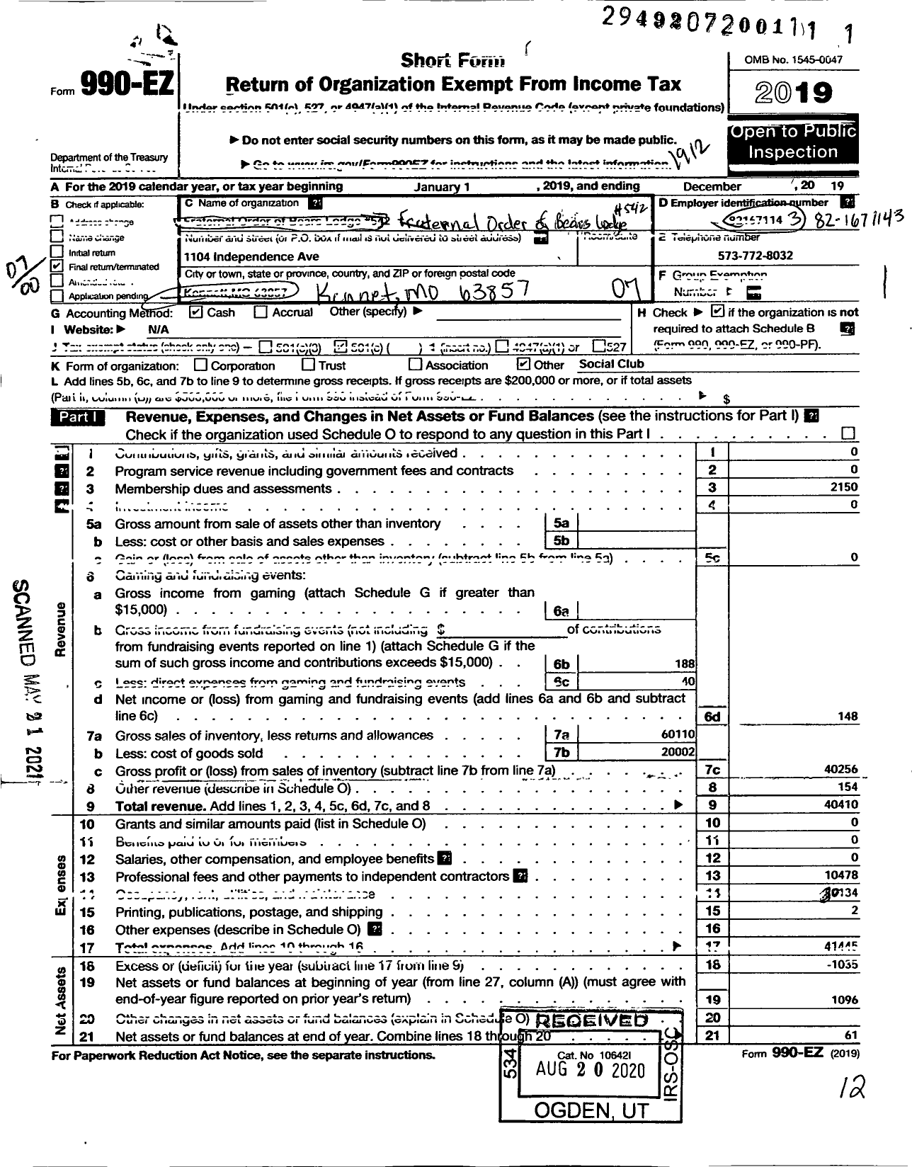 Image of first page of 2019 Form 990EO for Fraternal Order of the Bears - 542 Lodge