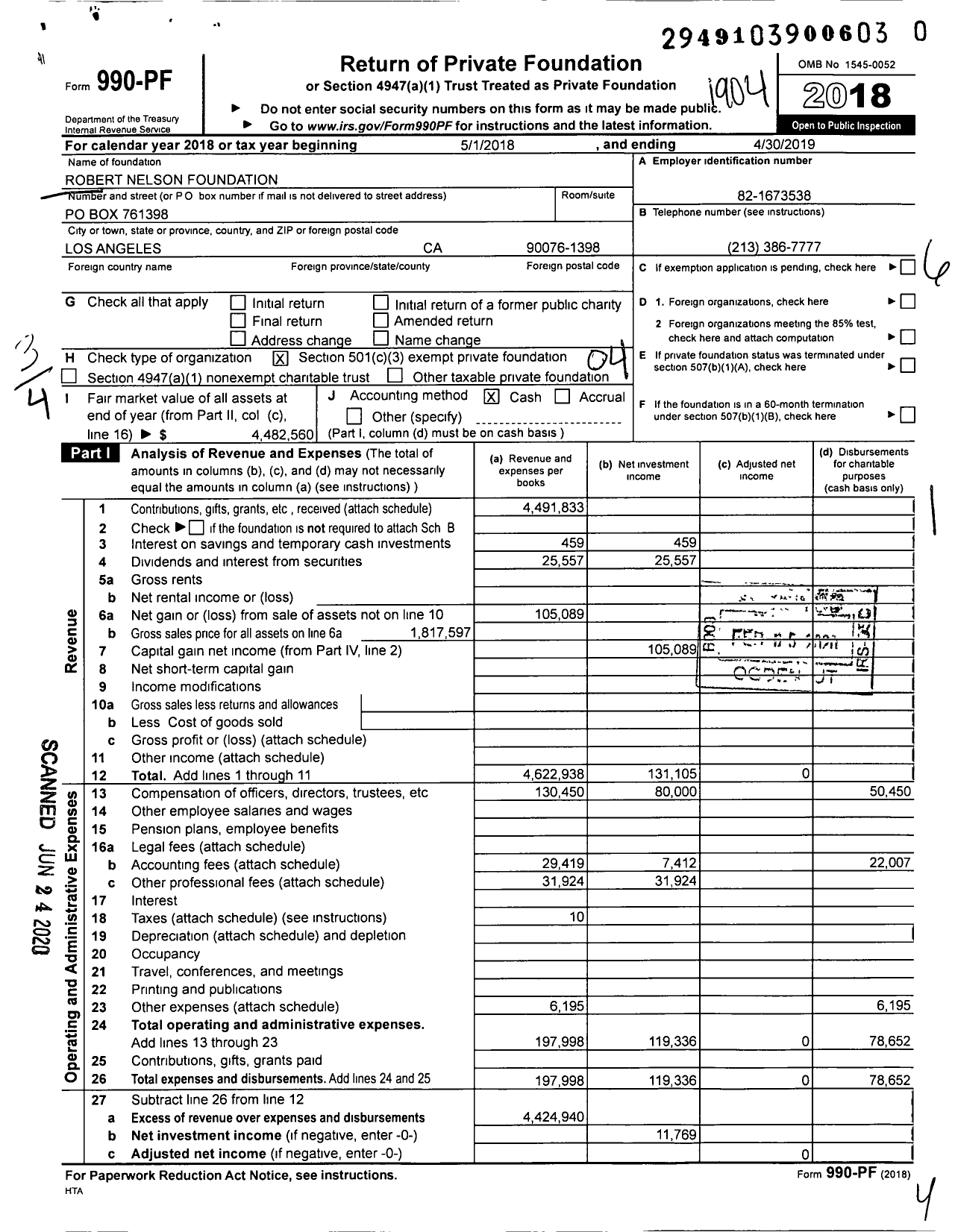 Image of first page of 2018 Form 990PR for Robert Nelson Foundation