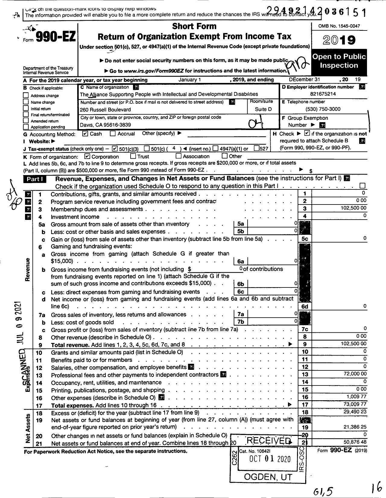 Image of first page of 2019 Form 990EO for Alliance Supporting People with Intellectual and Developmental Disabilities