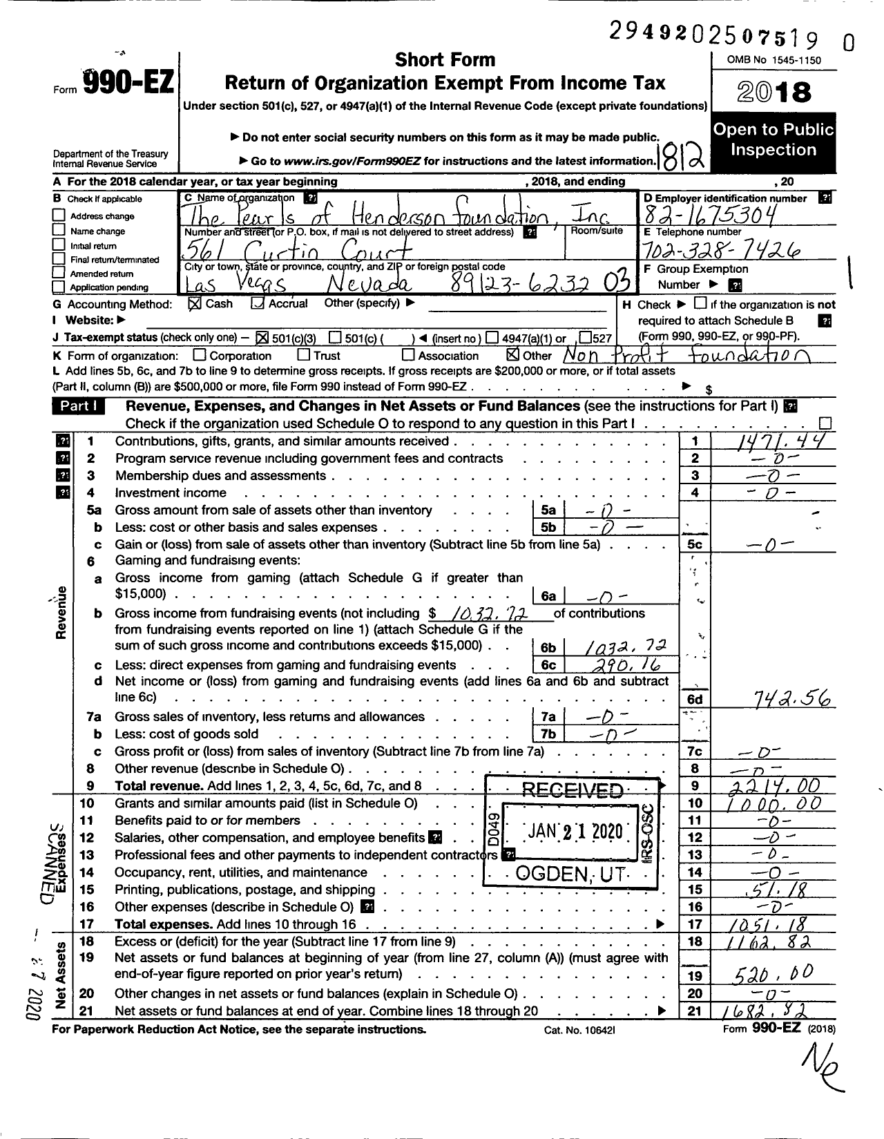 Image of first page of 2018 Form 990EZ for Pearls of Henderson Foundation Incorporation