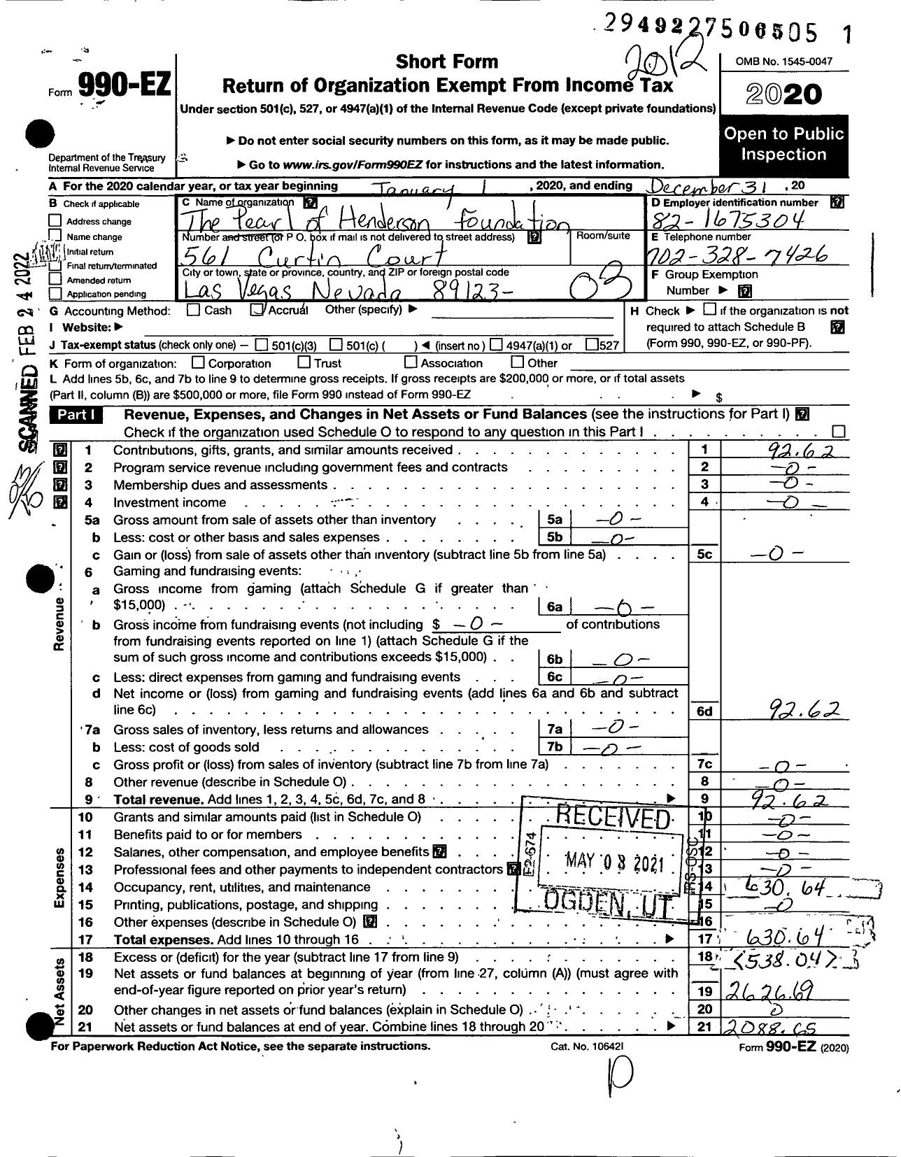 Image of first page of 2020 Form 990EZ for Pearls of Henderson Foundation Incorporation